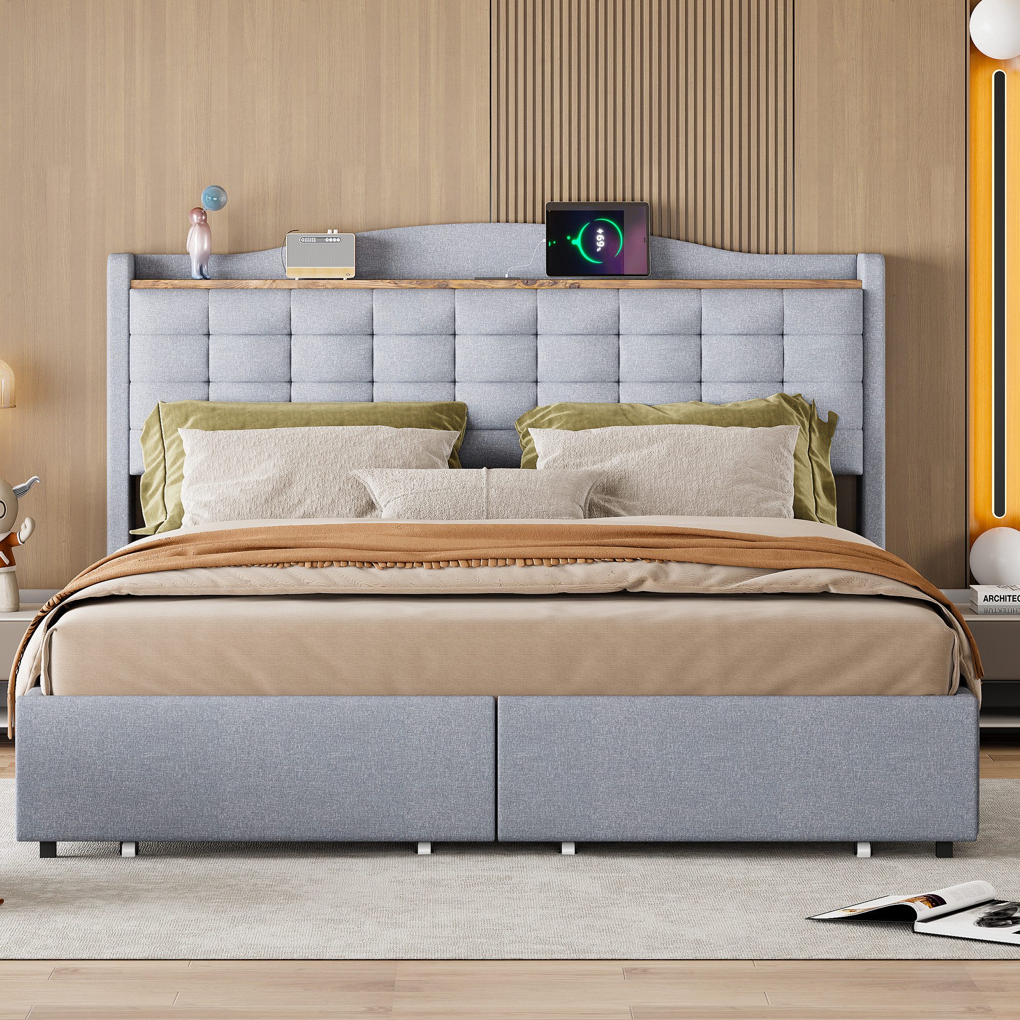 OKWISH Polsterbett Stauraumbett Doppelbett, Nachttisch mit günstig online kaufen