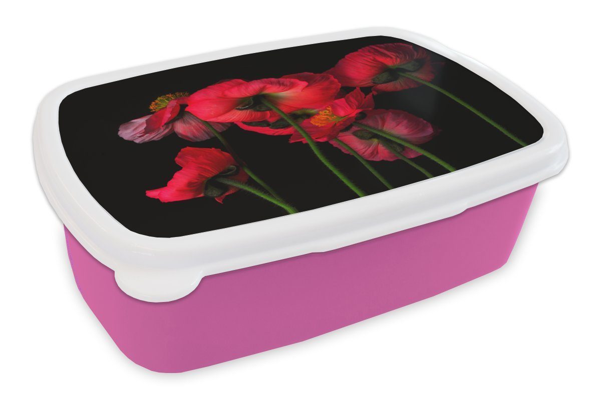 MuchoWow Lunchbox Die isländischen Mohnblumen auf schwarzem Hintergrund, Kunststoff, (2-tlg), Brotbox für Erwachsene, Brotdose Kinder, Snackbox, Mädchen, Kunststoff rosa