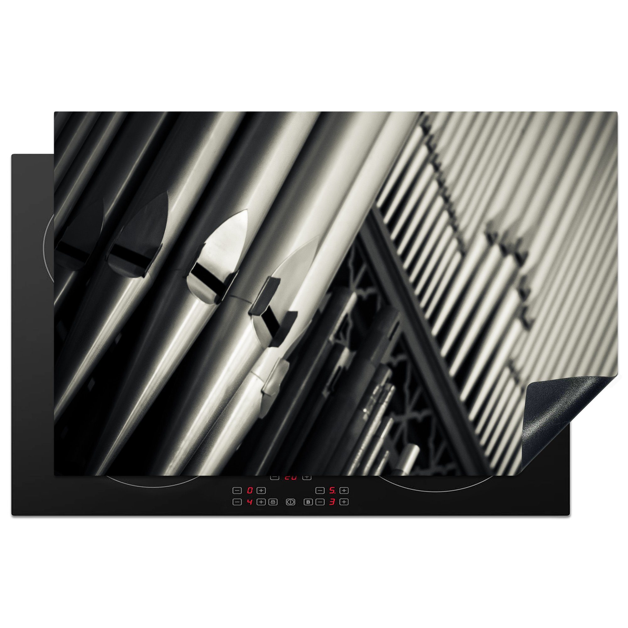 MuchoWow Herdblende-/Abdeckplatte Pfeifen einer Orgel in schwarz-weiß, Vinyl, (1 tlg), 81x52 cm, Induktionskochfeld Schutz für die küche, Ceranfeldabdeckung