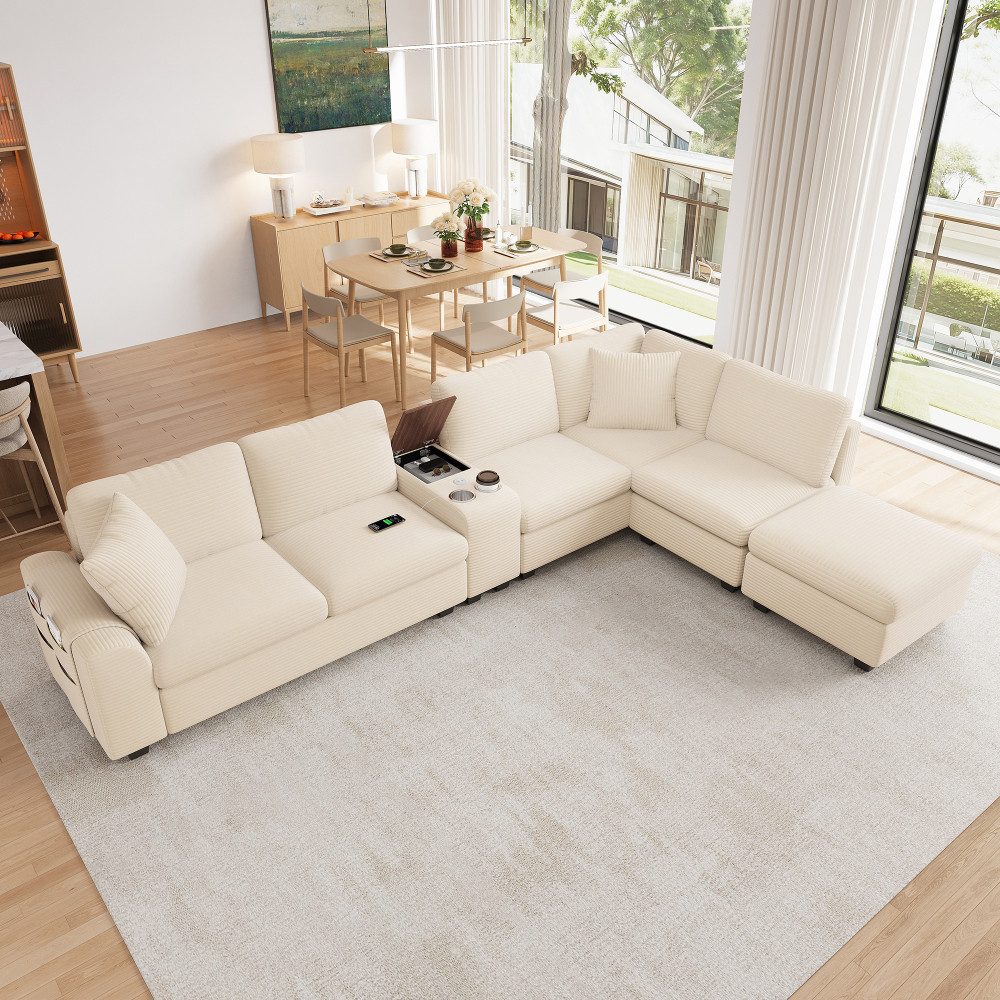 BBWL Sofa 6 Sitzer mit USB Type C, Getränkehalter und Komfortpolsterung, Modular