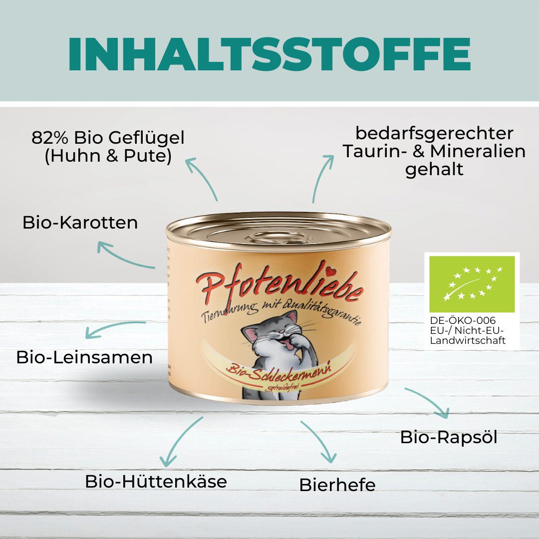 Pfotenliebe Bio-Schleckermenü verbesserte Rezeptur - getreidefrei 6x100g, Nassfutter für: Katzen
