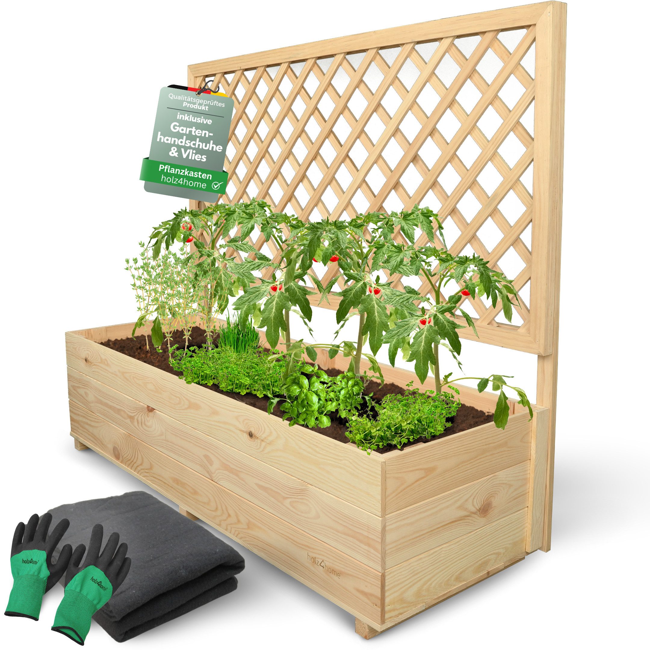 holz4home® Blumenkasten Pflanzkasten mit Rankgitter aus Kiefernholz I inkl. Gartenhandschuhe, Pflanzkübel mit Einlegevlies
