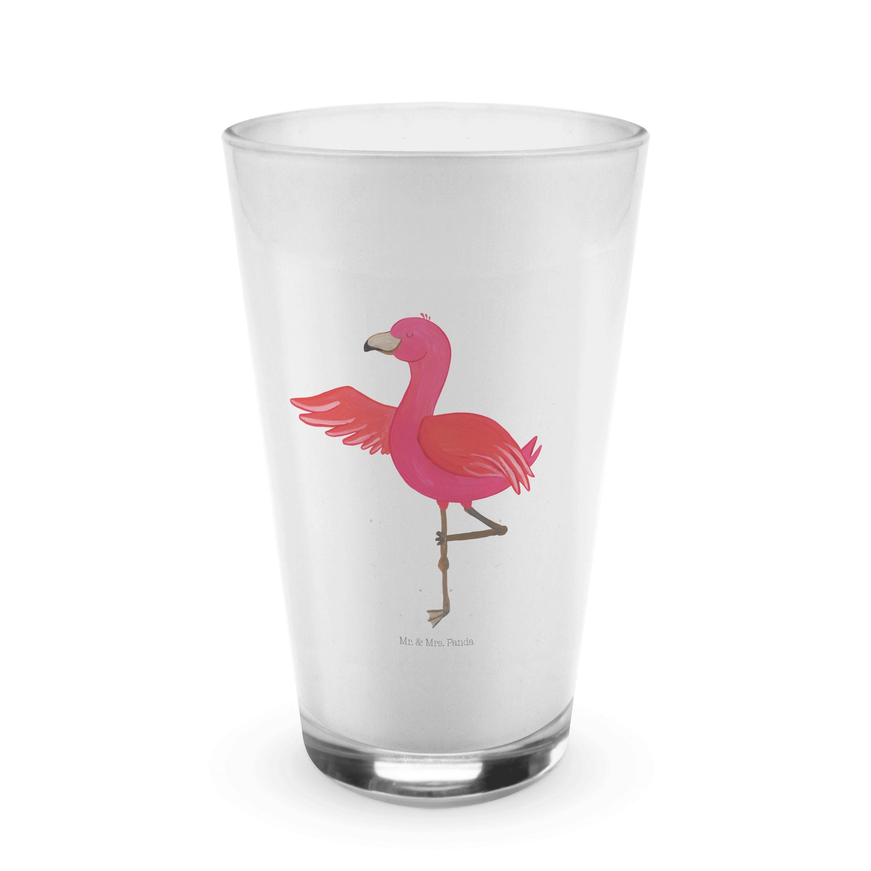 Mr. & Mrs. Panda Glas Flamingo Yoga - Transparent - Geschenk, Cappuccino Glas, Rosa, Glas, Premium Glas