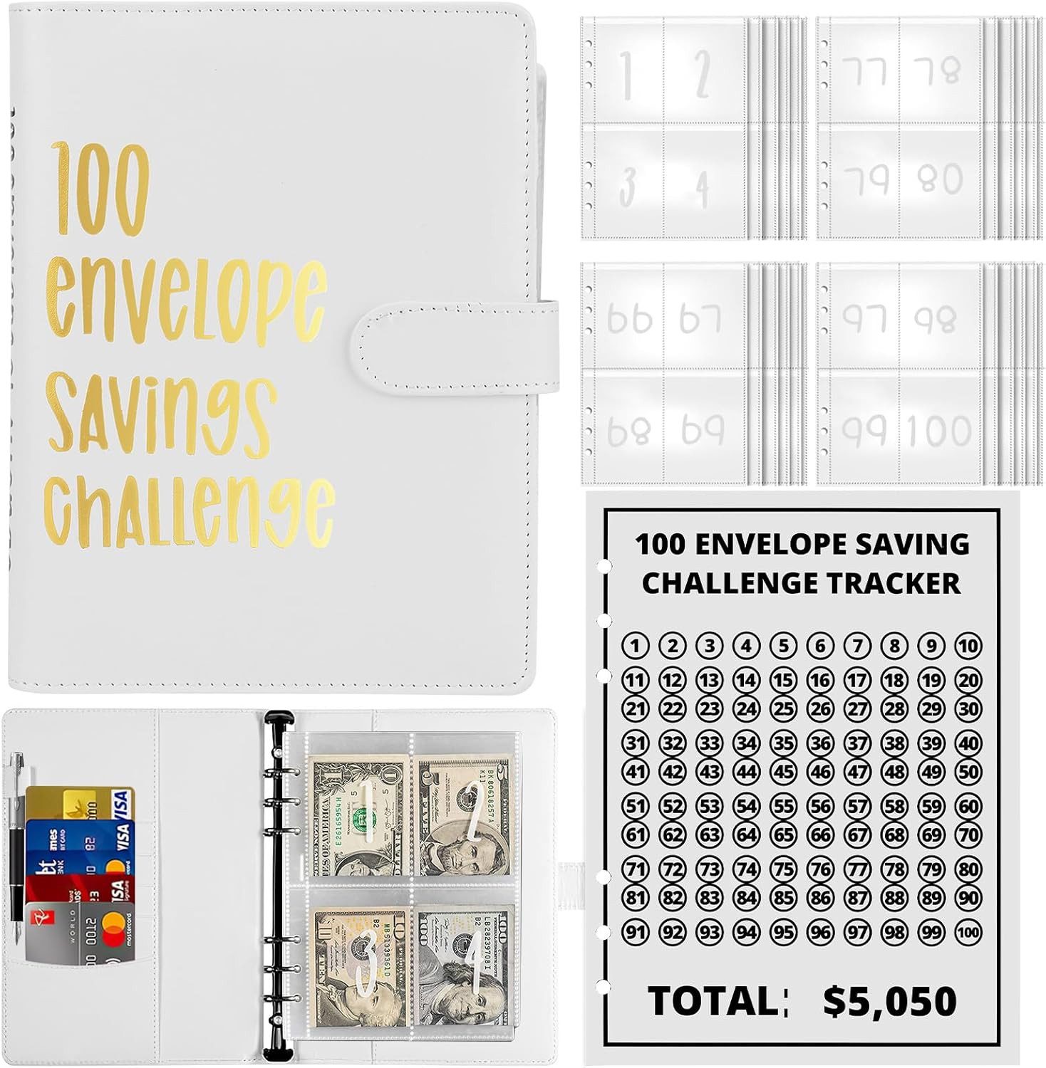 FELIXLEO Tagebuch 100 Tage Spar Challenge Binder, 100 Umschläge Sparmappe Budgetplaner