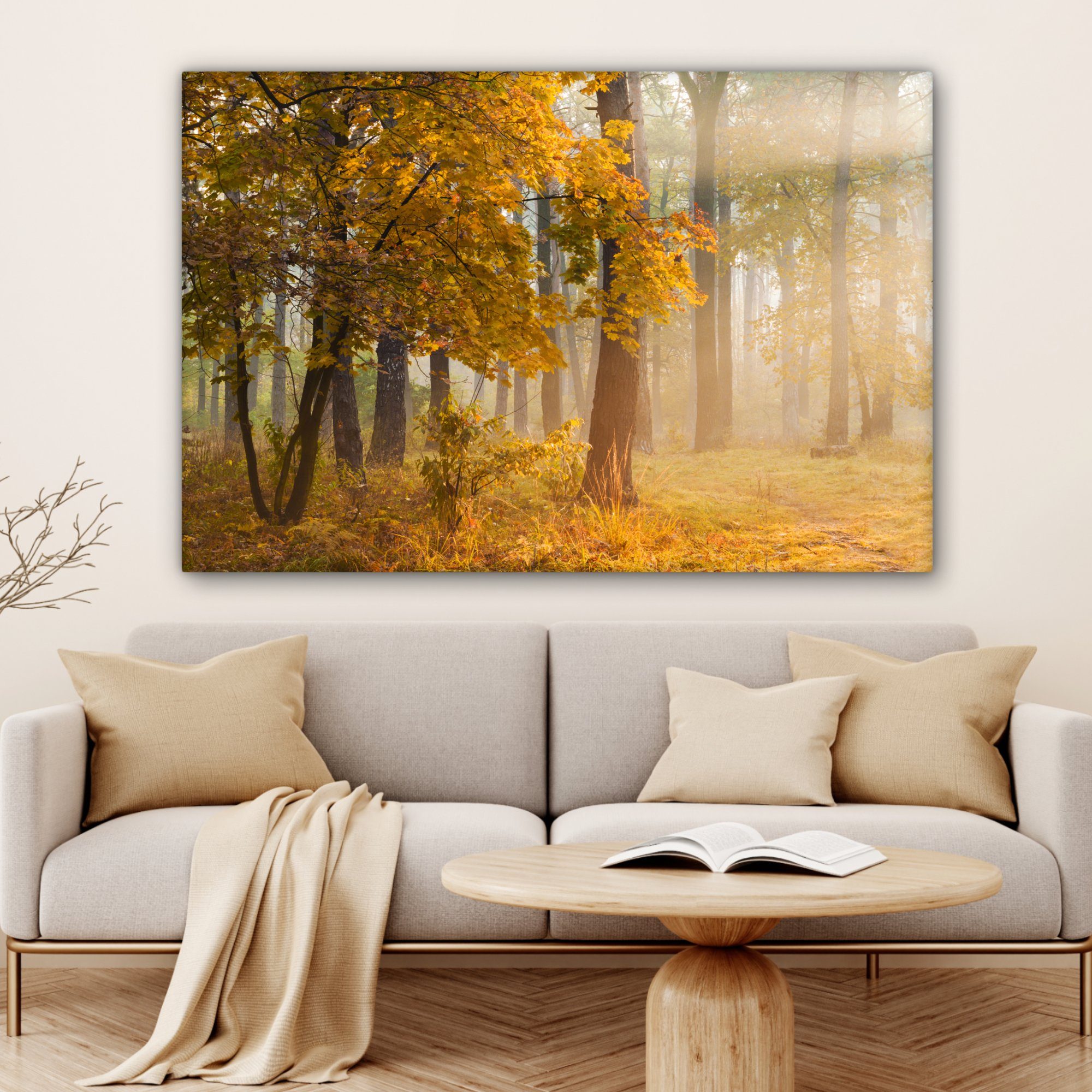 im Leinwandbild cm St), großes, Herbstbäume Wohnbereiche, alle XXL, 120x80 Wald, OneMillionCanvasses® Wandbild (1 Gemälde, für nebligen