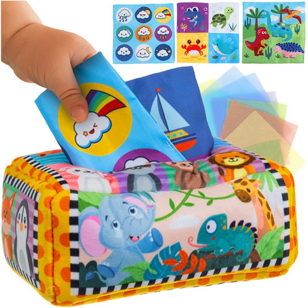 KRUZZEL Puzzle-Tasche Taschentuchbox-Sortierer, (Spar-Set, spielerisch), Tiermotive und bunte Drucke helfen beim Erkennen von Tieren