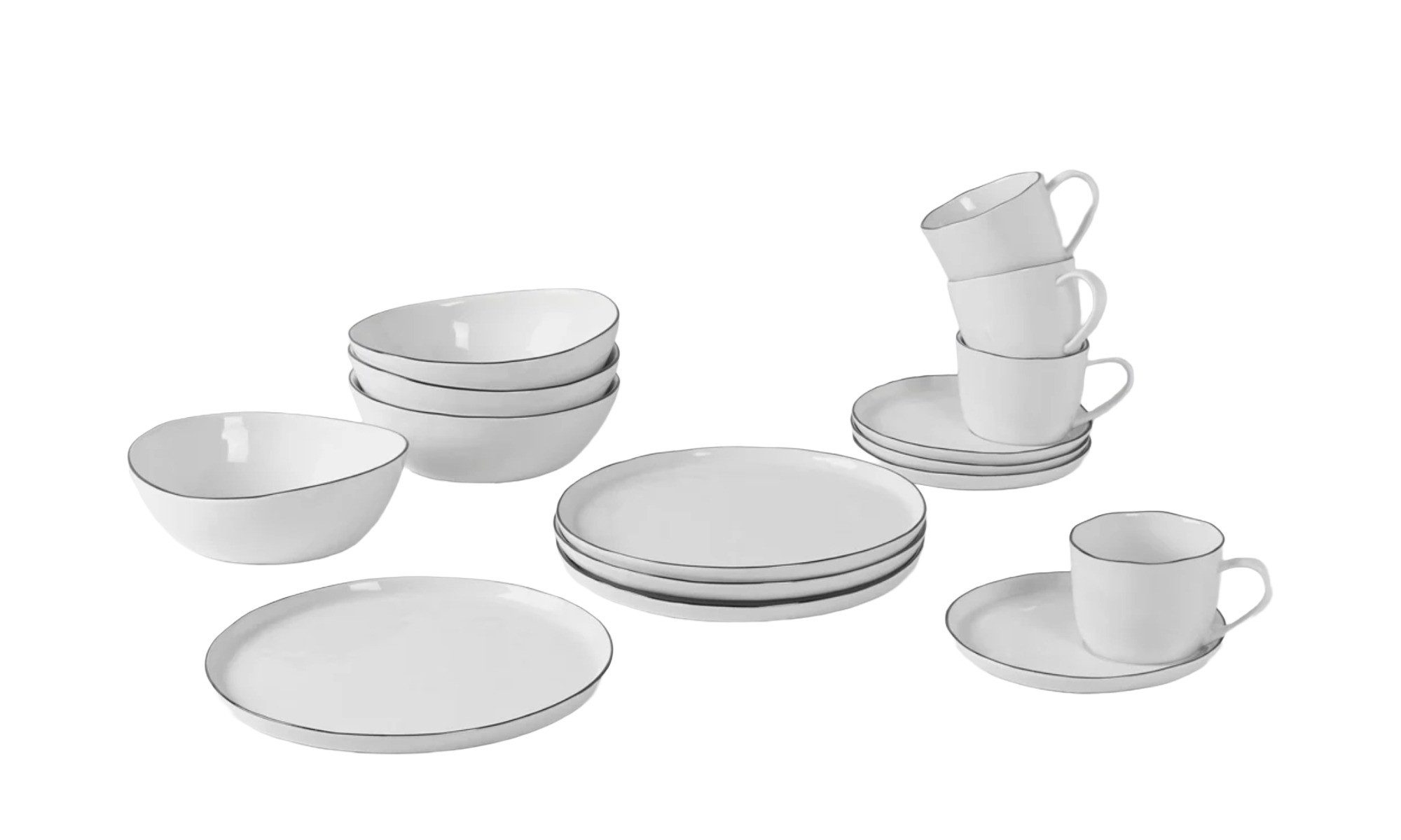 Broste Copenhagen Frühstücks-Geschirrset Broste Copenhagen Salt Frühstücksset für vier 16 tgl White w/Black Rim (16-tlg), Porzellan