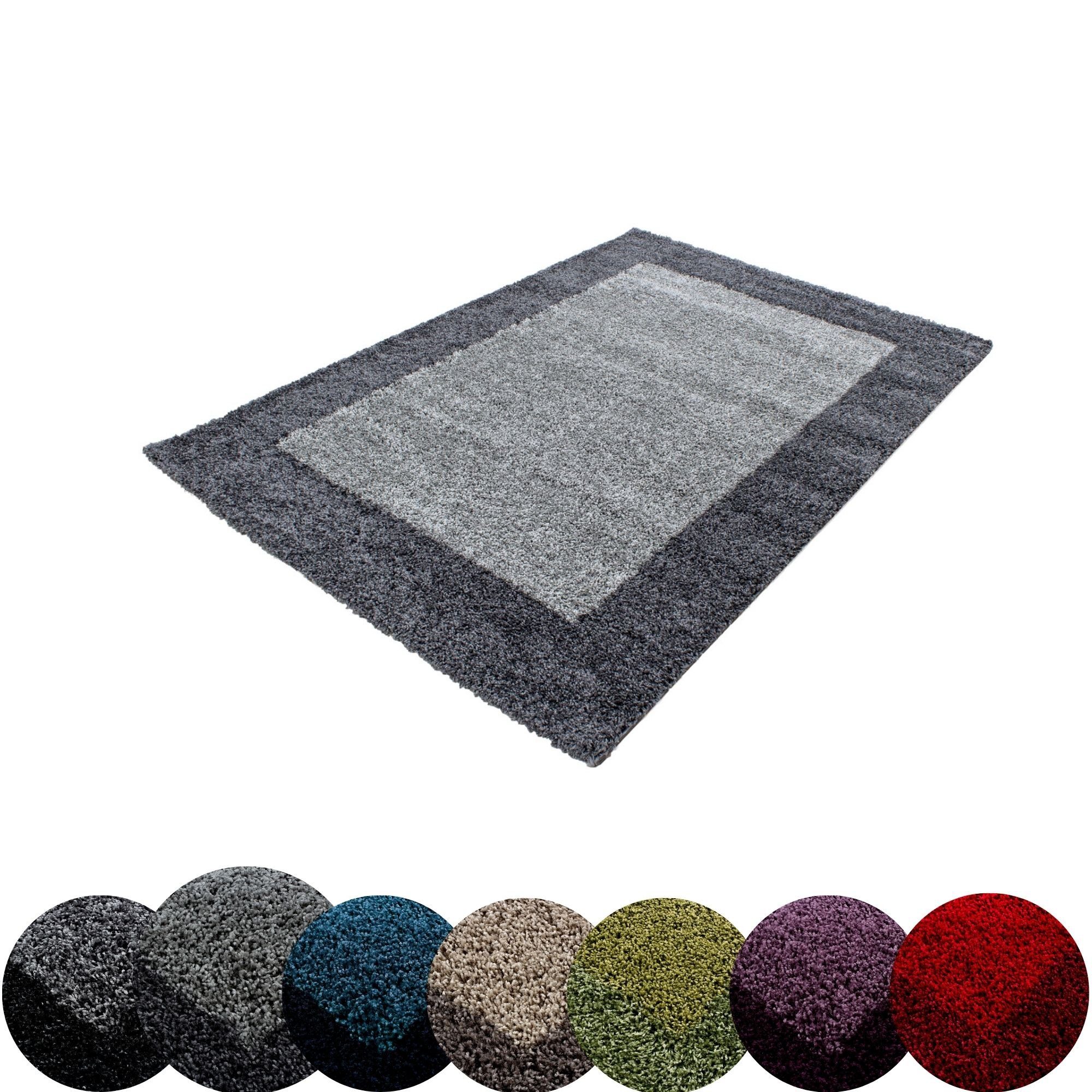 Teppich Bordüre Design, HomebyHome, Läufer, Höhe: 30 mm, Teppich Wohnzimmer Bordüre Design Shaggy versch. farben und größen Grau
