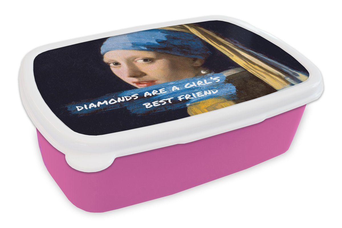 Kinder, - Kunststoff Zitat, - Snackbox, Kunststoff, Mädchen Lunchbox für mit Erwachsene, Brotdose Perlenohrring Vermeer MuchoWow Brotbox rosa (2-tlg), Das Mädchen, dem