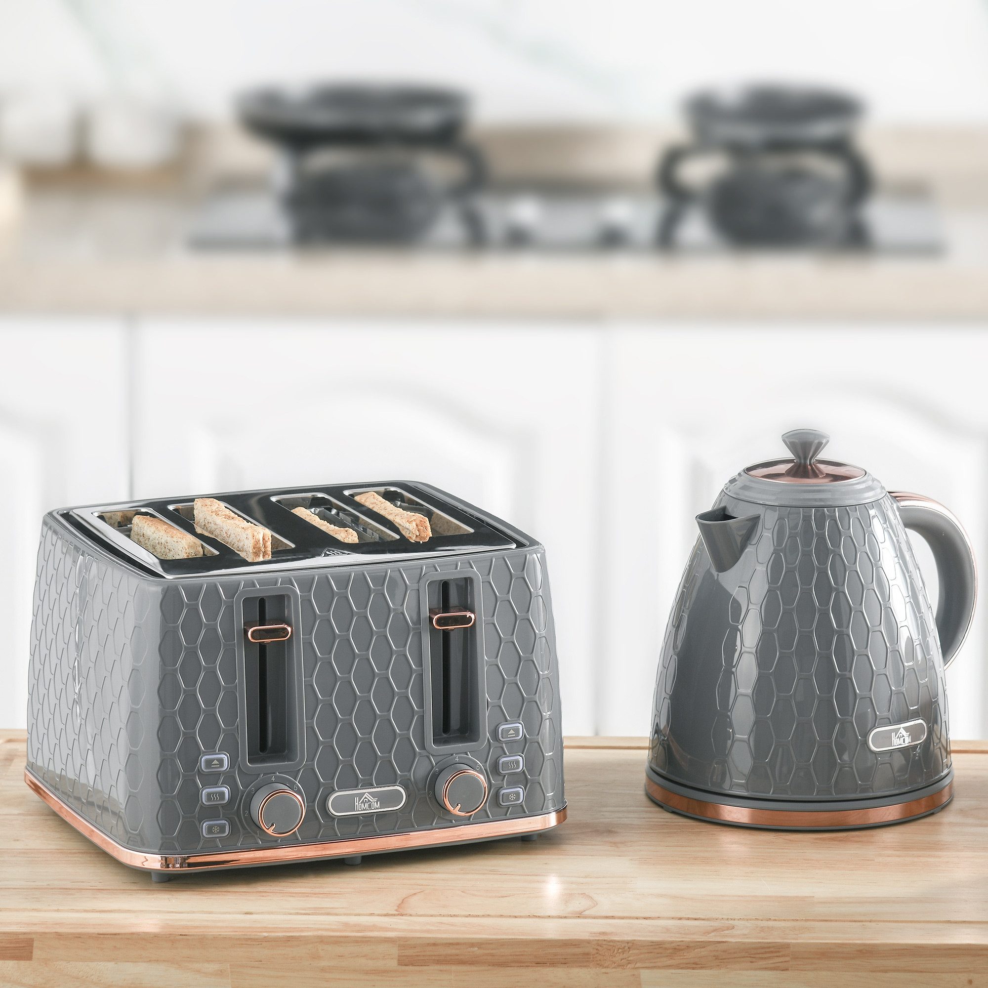 HOMCOM Toaster Wasserkocher Frühstücksset mit 7 Bräunungsstufen, Krümelfach, 4 Schlitze, für 4 Scheiben, 2200 W, mit automatischer Abschaltung, Auftau- & Aufwärmfunktion, Beige