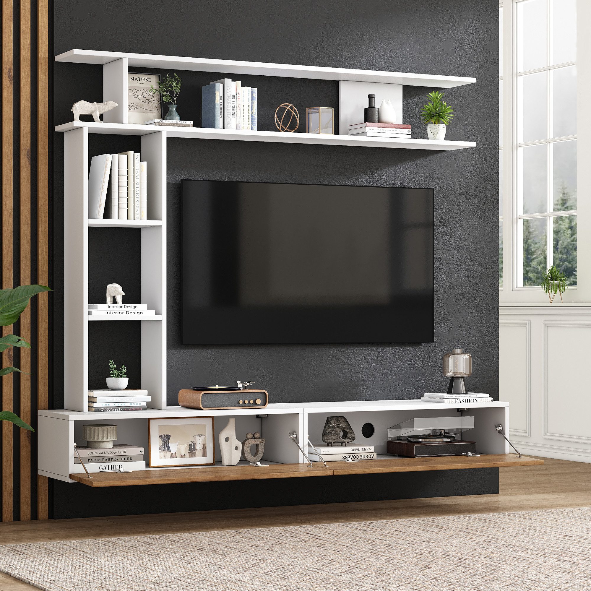 STILVORA Wohnzimmer-Set mit Vitrinen&Wandregal,Kastenmöbel-Set Wohnzimmerset mit Lowboard, (Wohnzimmermöbel-Set, 1-St., TV-Board, Standregal und Wandregal), für TV bis 80 Zoll, 180*35*22.5cm