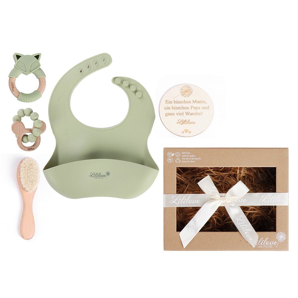 Lililove Geschenkset Neugeborenen-Geschenkset Little Fox Box, mint (Baby Geschenkset, Giftset, 5-teilig, Lätzchen: 22,3 x 30cm, Babybürste: 15x 4cm, Holzscheibe: 10cm) Geschenk-Box, 5-teilig, nachhaltig, pflegeleicht, BPA free