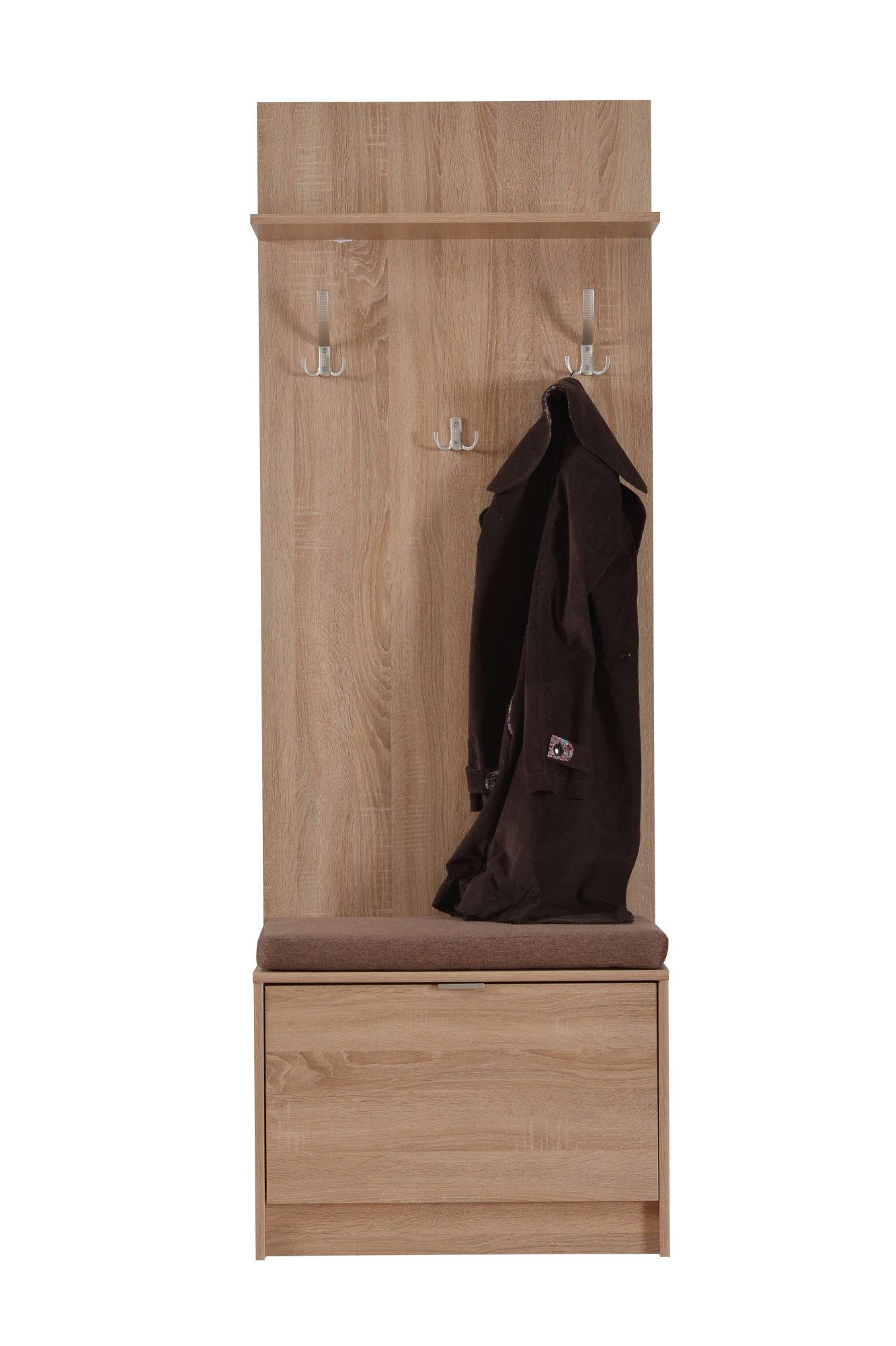 INOSIGN Kompaktgarderobe Flamenco Flurgarderobe, Dielenschrank, Flurmöbel, Breite 67 cm mit Sitzbank und Garderobenpaneel, Klapptür, 8 Haken, in Sonoma Eiche