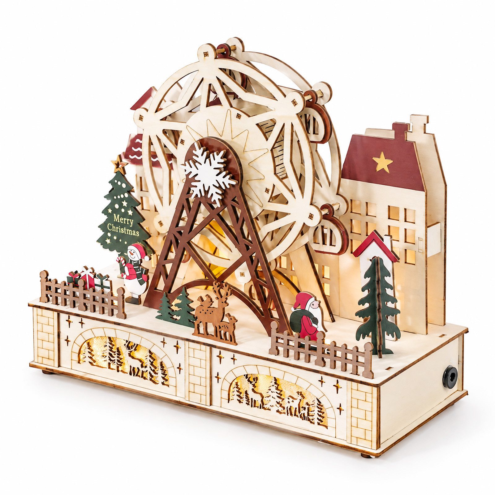Salcar Schwibbogen LED aus Holz, Lichterbogen Weihnachtsdorf,3D Weihnachtsdeko, Drehendes Riesenrad, 12 LEDs, Batteriebetrieb, 27.5 x 12 x …