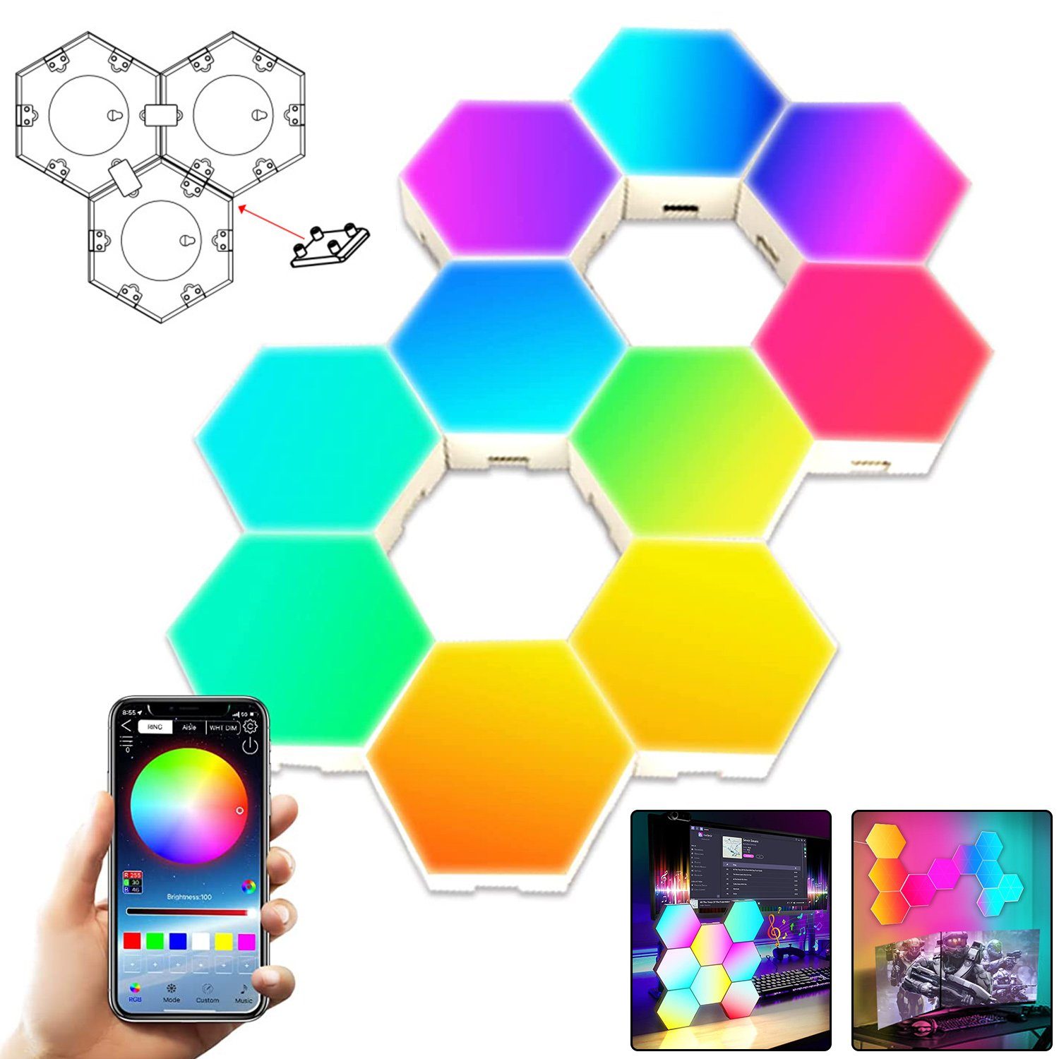 MUPOO LED Wandleuchte Hexagon LED Panel Wandleuchte,RGB Sechseck Waben Wall Light, Musik Sync + App-Steuerung, Musik Sync, App-Steuerung, für Gaming Room Deko, 3/6 Pack