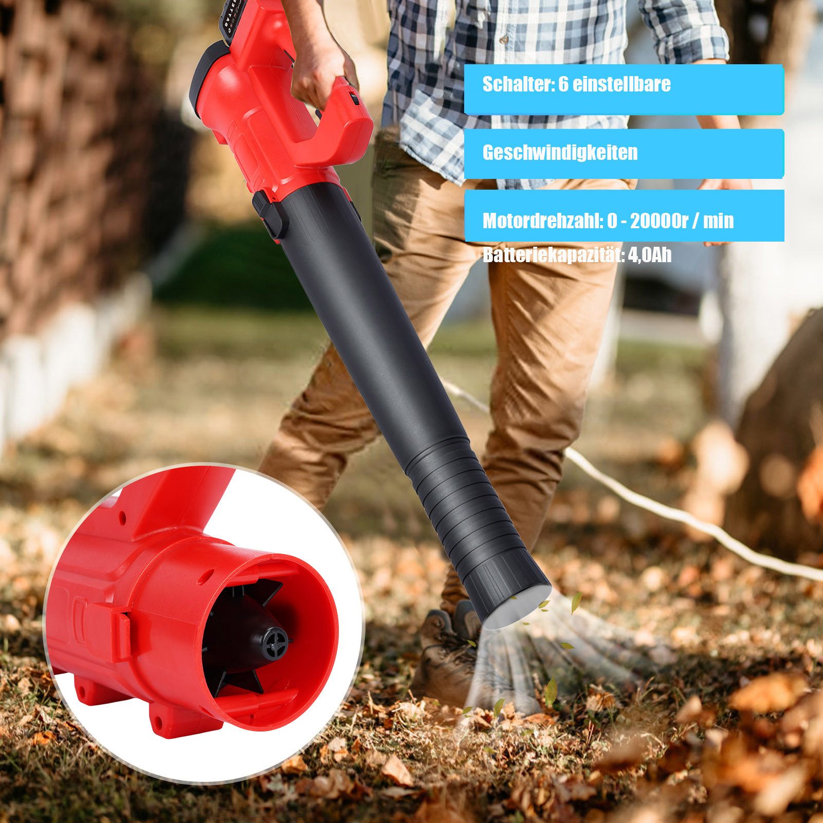 Rutaqian Akku-Laubbläser Laubbläser – 21V Laubbläser kabellos mit 2 Batterien und 1 Ladegerät, (batteriebetriebenes Laubbläser), batteriebetriebener Laubbläser für Rasenpflege, Hof, Gras, Terrasse.