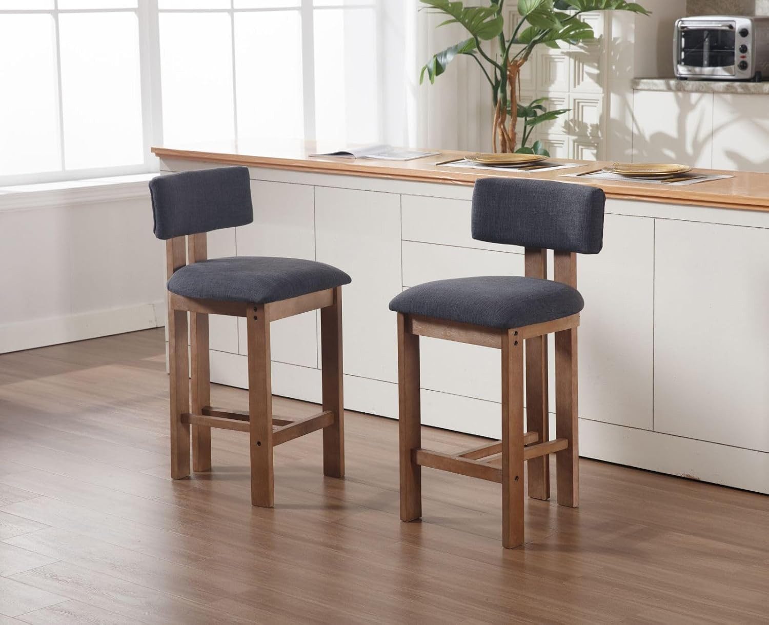 WAHSON OFFICE CHAIRS Barhocker Barhocker 2er Set Leinen Barstuhl aus Holz mit lehne für Küche/Bar – Bild 5 von 5