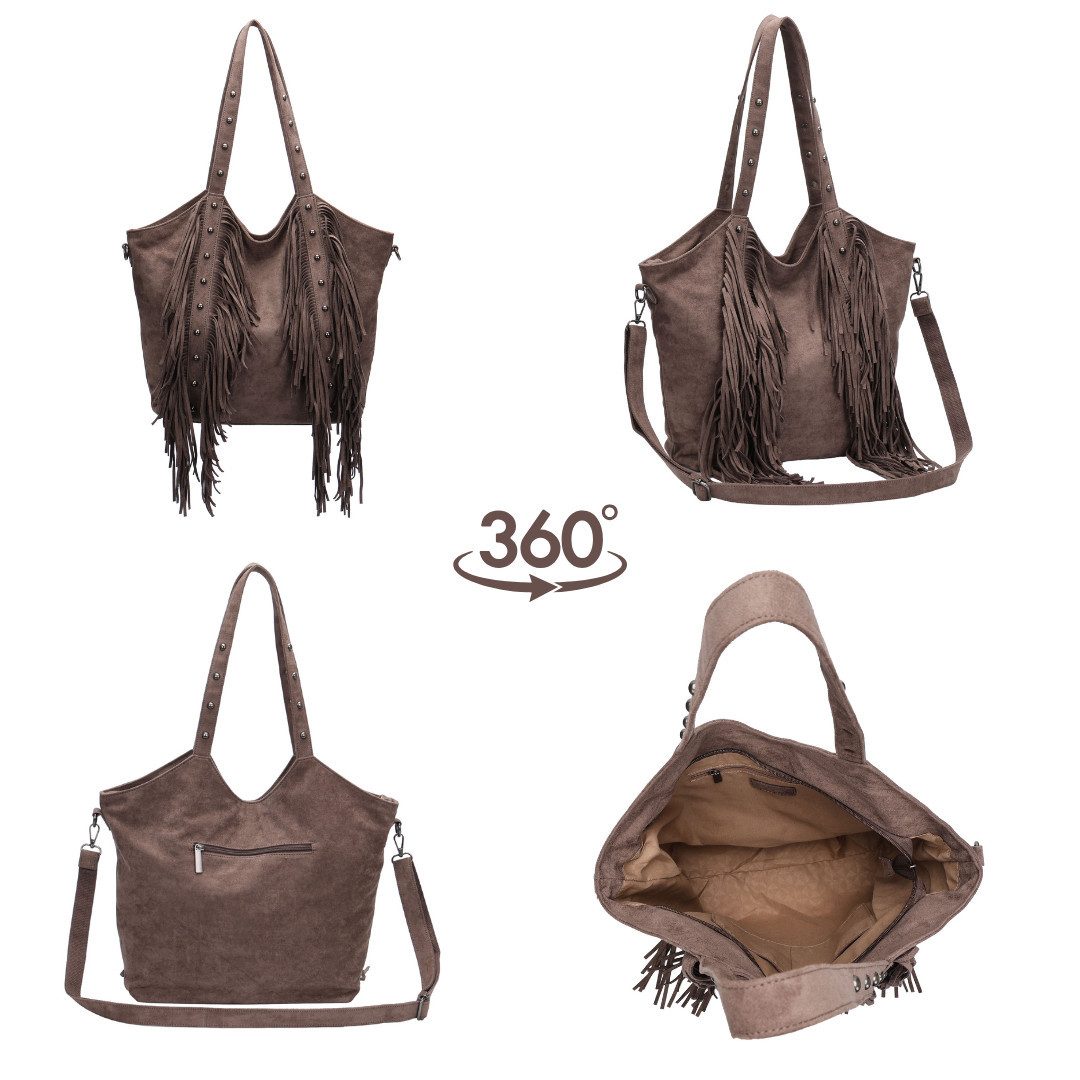 MIRROSI Shopper Damen Fransen Schultertasche Wildleder-Optik aus Polyester (Neue Kollektion Herbst/Winter 2026, ca. 45 x 9 x 36 cm), mit Fransen, Nieten & Umhän – Bild 3 von 3