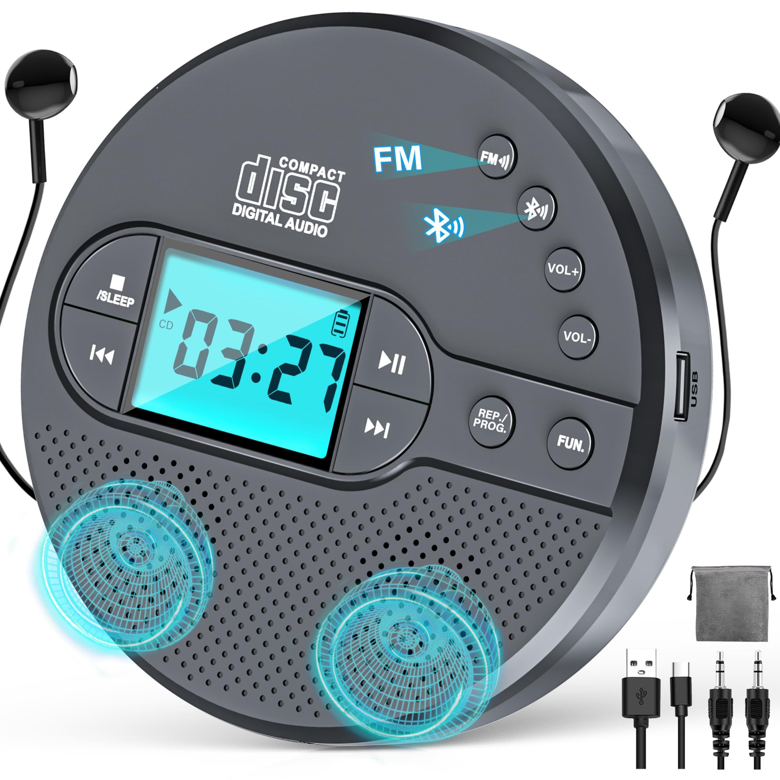 Greadio mit Bluetooth & Akku, FM Transmitter fürs Auto Audio, Schwarz CD-Player (Tragbar, Wiederaufladbar, Anti-Rutsch- & Stoßschutz, Sleep-Timer, Breite Formatkompatibilität)