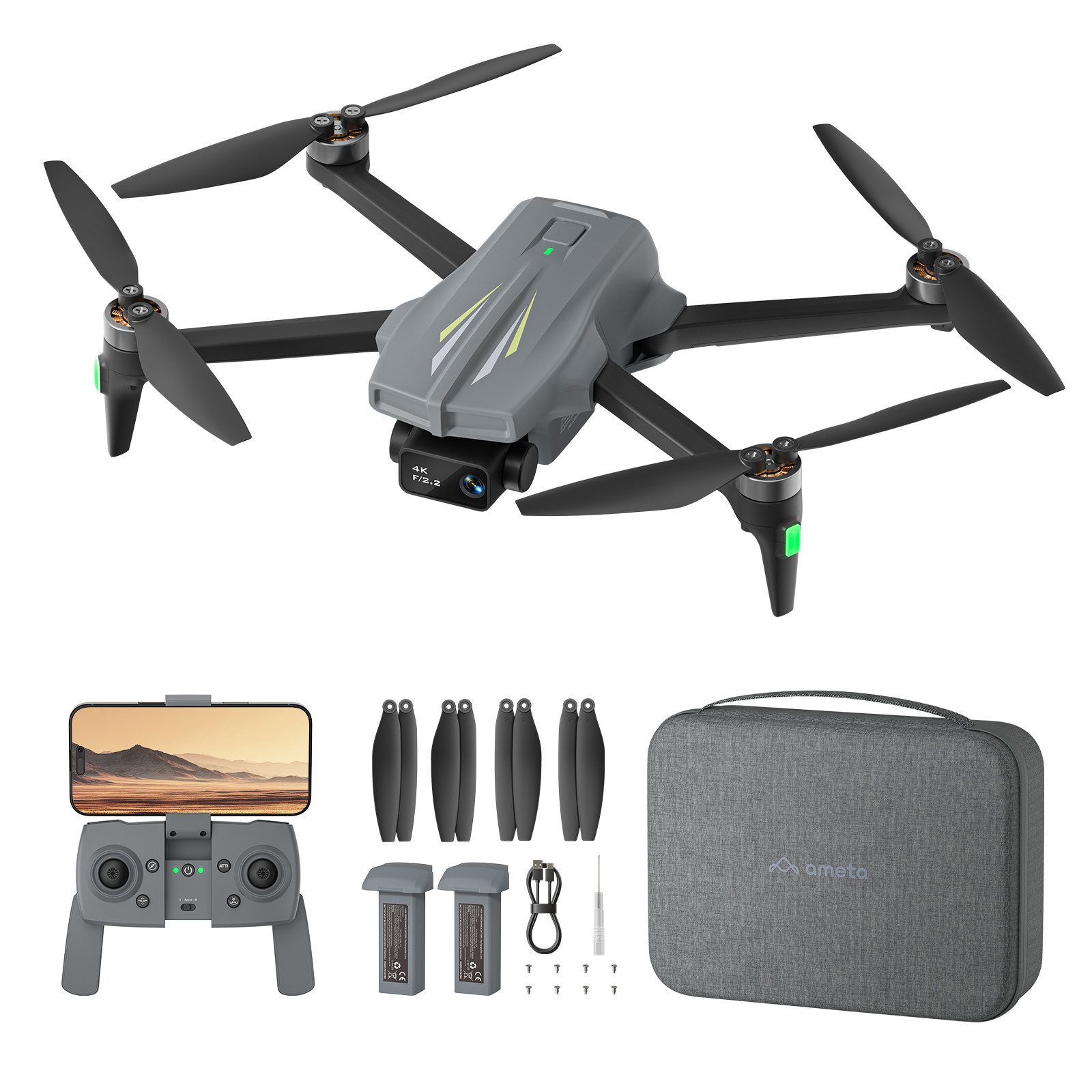 AMETA GPS Drone mit Kamera 4K, 50 Min Flugzeit, Unter 249g Drohne (4K Ultra HD, Set, 5G-WLAN FPV-Liveübertragung, GPS-Positionierung, Automatische Rückkehr, Follow-Me, Gestensteuerung)
