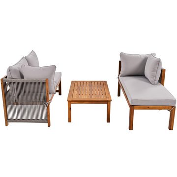 MODFU Gartenlounge-Set für 4 Personen, (Gartenmöbel Set aus Akazie, 3-tlg., 2 Eckbänke, 1 Couchtisch), mit Sitzkissen und Kissen, verstellbaren Beinen