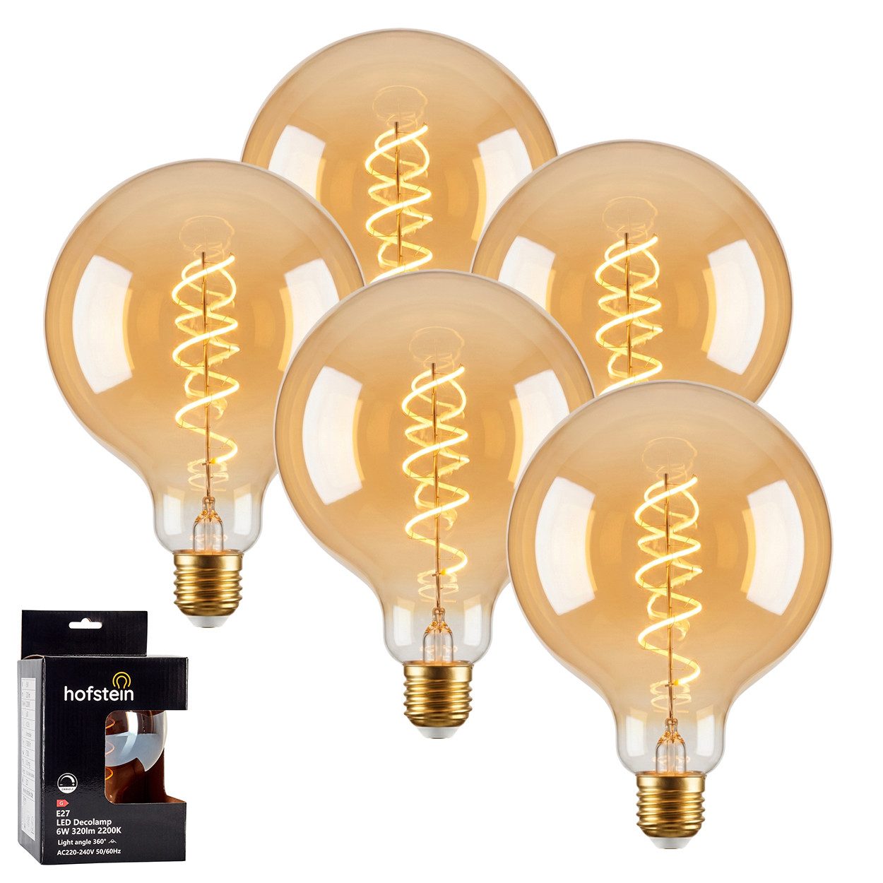 hofstein LED-Leuchtmittel 5er Set Glühbirne Extra Warmweiß dimmbar 6 Watt, E27, 2200 Kelvin, 320 Lumen, Globe Vintage, Filament Spirale, Amber