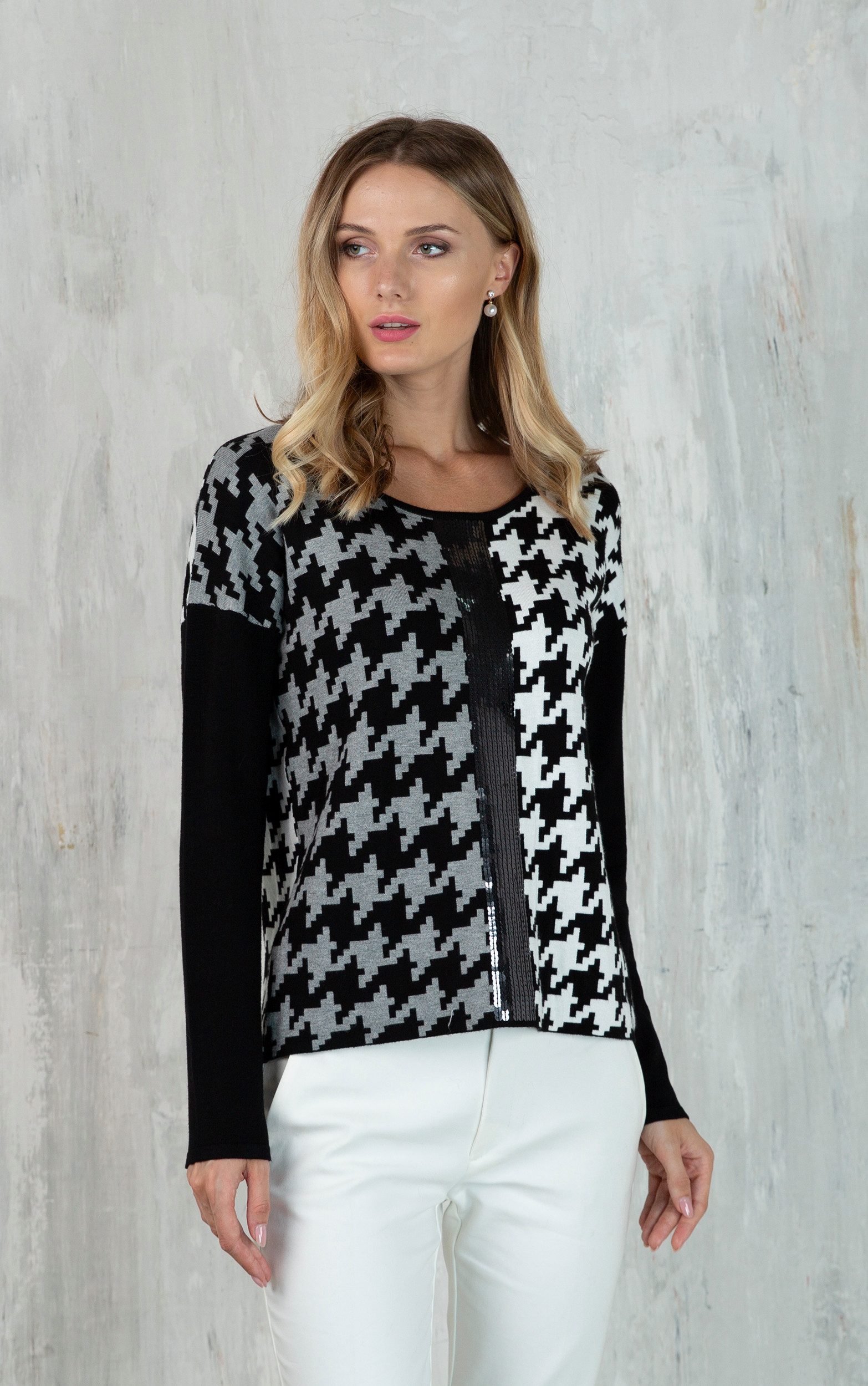Strickpullover mit Hundertstich-Farbblockmuster