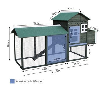 Dehner Hühnerstall Happy Hen mit Freilaufgehege, hochwertiger Holzstall mit Bitumendach, Kot-Schublade und Legekasten