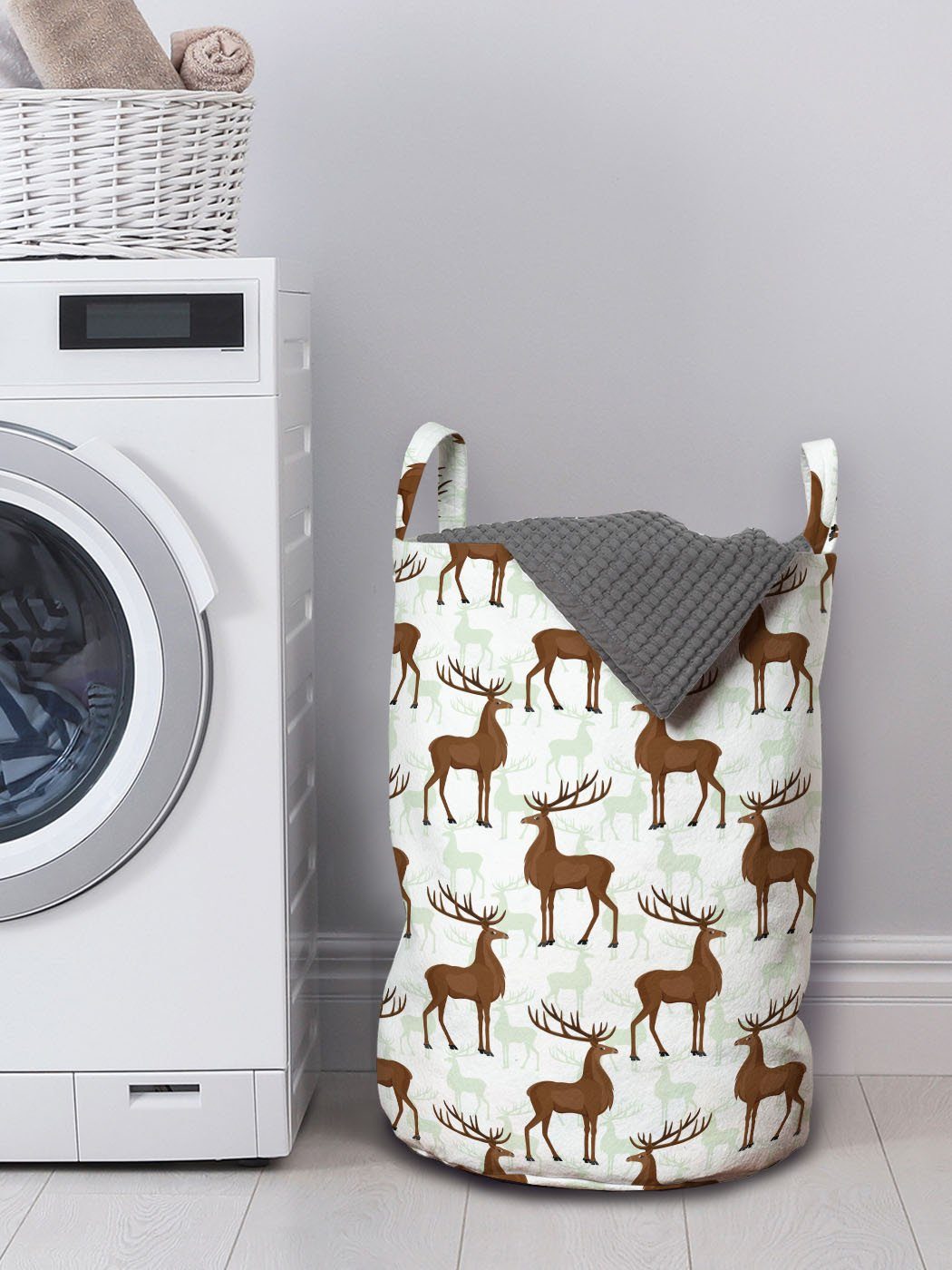 Abakuhaus Wäschesäckchen Wäschekorb für Natur mit Deer Wiederholen Silhouetten von Waschsalons, Kordelzugverschluss Griffen