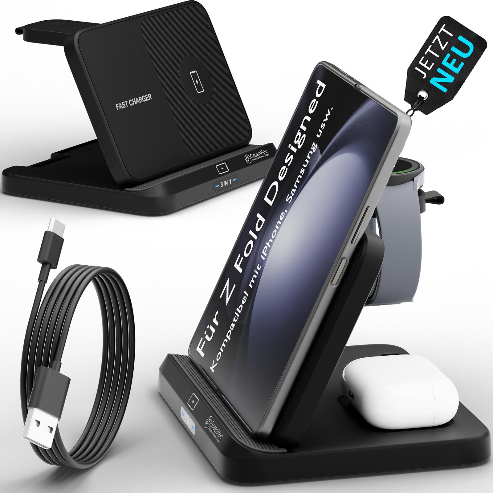 GreenHec Ladestation Samsung Induktiv Foldable 3in1 Wireless Charger Kabellos Wireless Charger (3 mA, Spar-Set, 3in1 PowerBase + USB-C Kabel + 20w Ladegerät, für Samsung S25 S24 S23 S22 Plus Ultra foldable Charging Station)