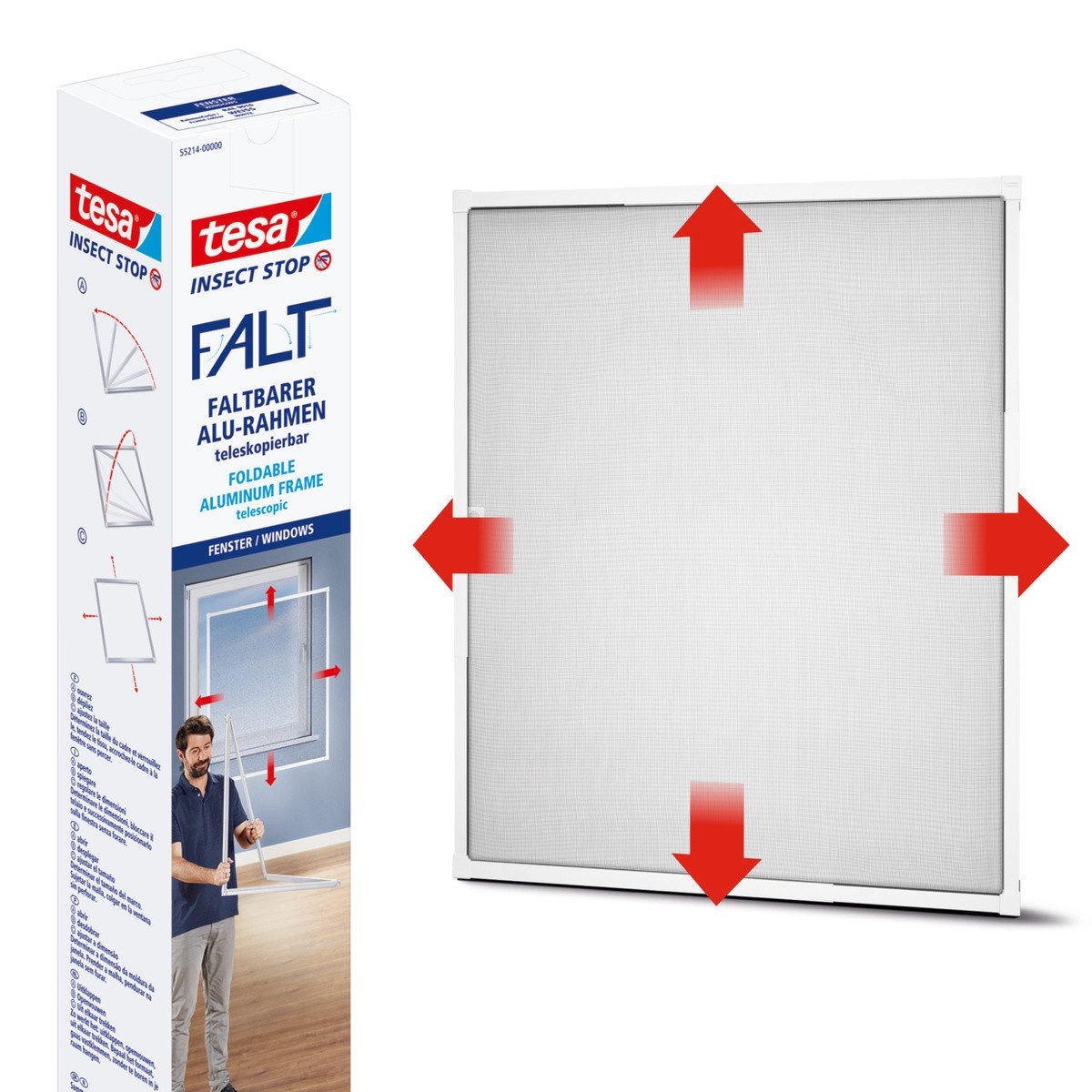 tesa Защита от насекомых-Fensterrahmen Insect Stop Falt Fliegengitter für Fenster - min 0,8 m bis max. 1,4 m, (Packung, 1-St., Teleskop Alu Rahmen), Mückenschutz-verstellbarem Rahmen aus Aluminium-ohne bohren