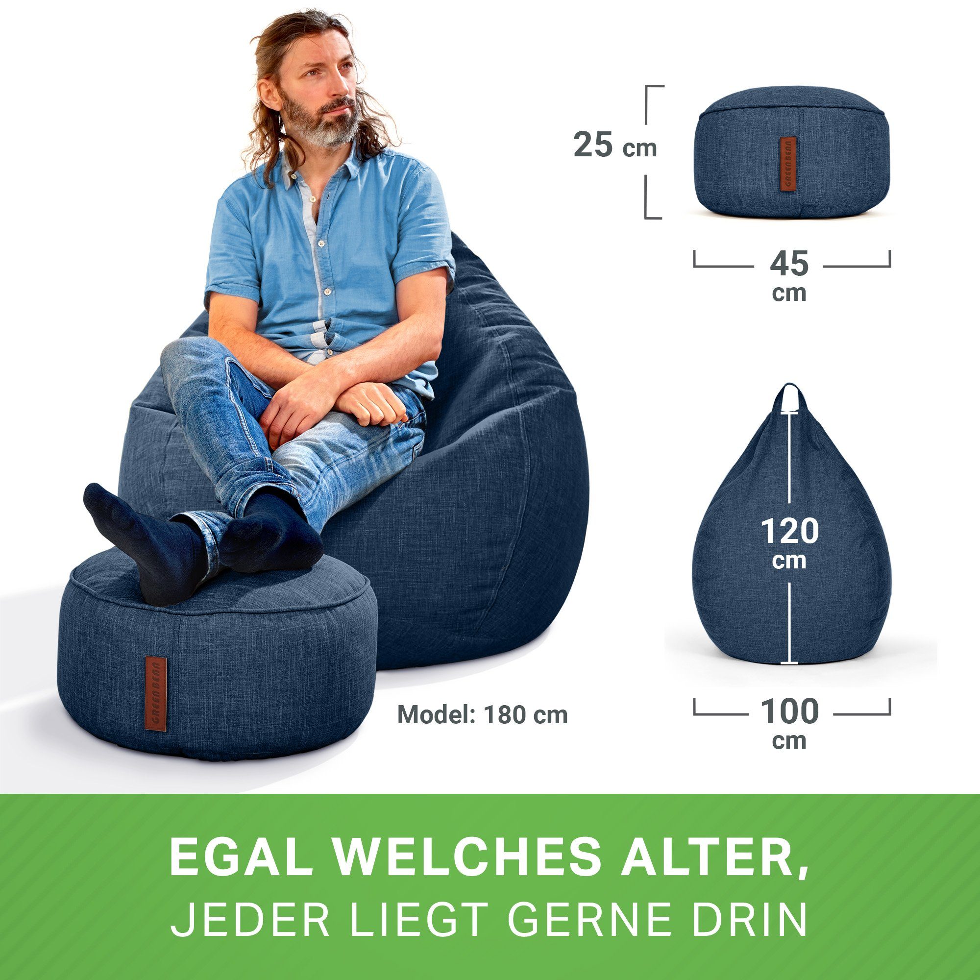 Liegekissen Waschbar), (Indoor Drinnen Riesensitzsack Bean Sitzkissen Weich Navyblau Stoff Green Kuschelig Füllung, Lounge Sitzsack mit Pouf und Bodenkissen Home-Linen EPS-Perlen