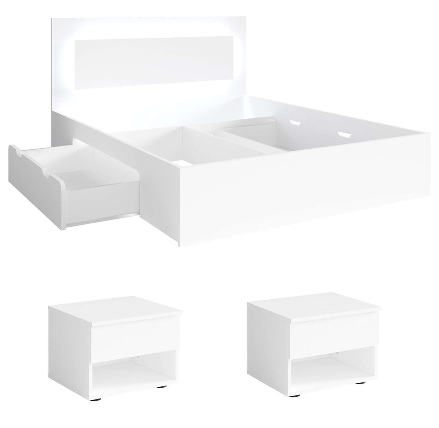 Feldmann-Wohnen Schlafzimmer-Set Fino, (mit 2 Nachtkonsolen mit je 2 Schubladen, 2 Bettschubladen, Griffmulden, 3-tlg., moderne Optik, ohne Soft-Close, LED im Kopfteil), 140x200cm Liegefläche, weiß, mit Lattenrost & LED-Licht
