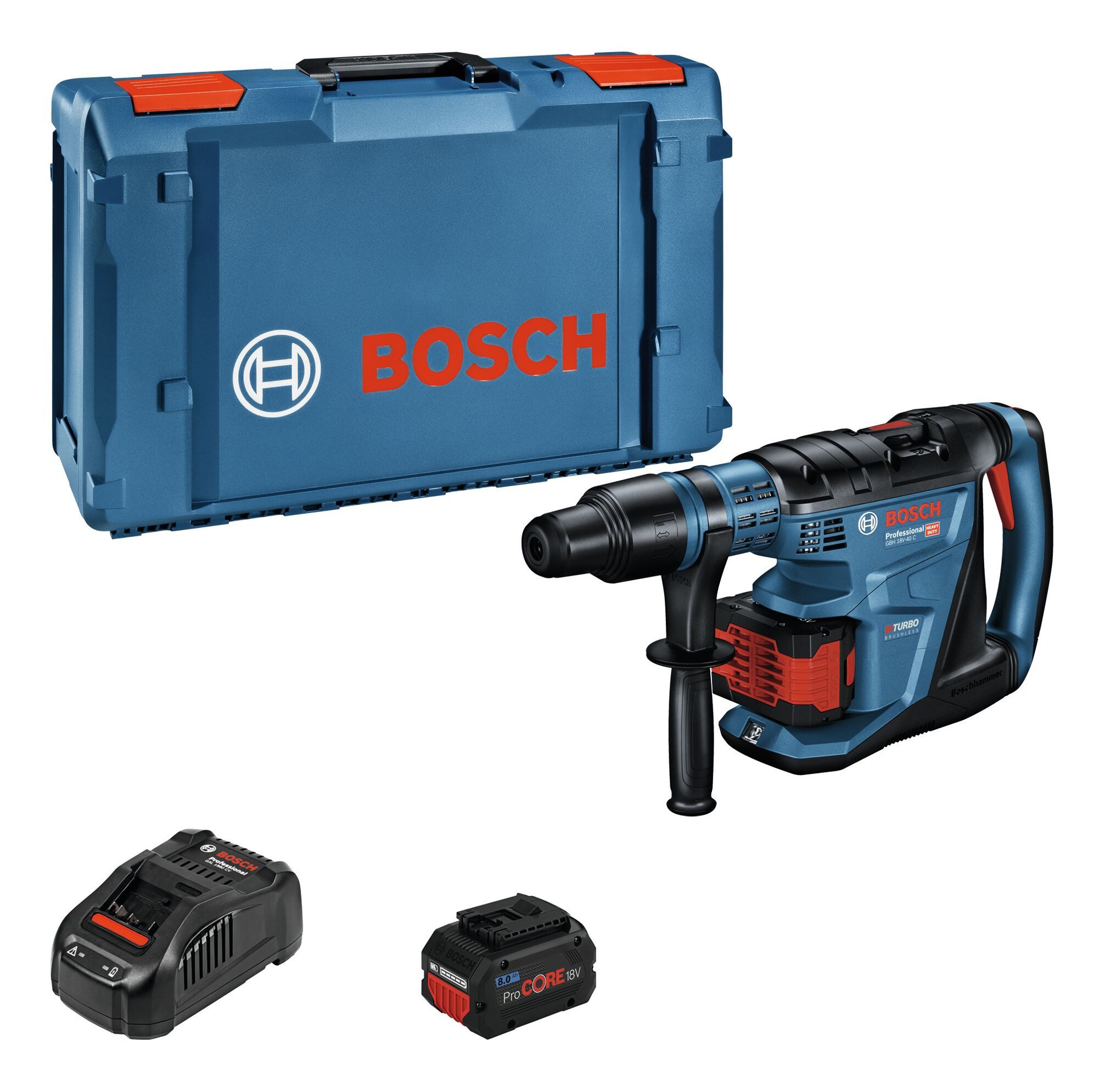BOSCH Akku-Kombibohrhammer GBH 18V-40 C, 18 V, max. 360 U/min, Bohrhammer BITURBO mit SDS max mit 2x Akku ProCORE 8 Ah - im XL-BOXX