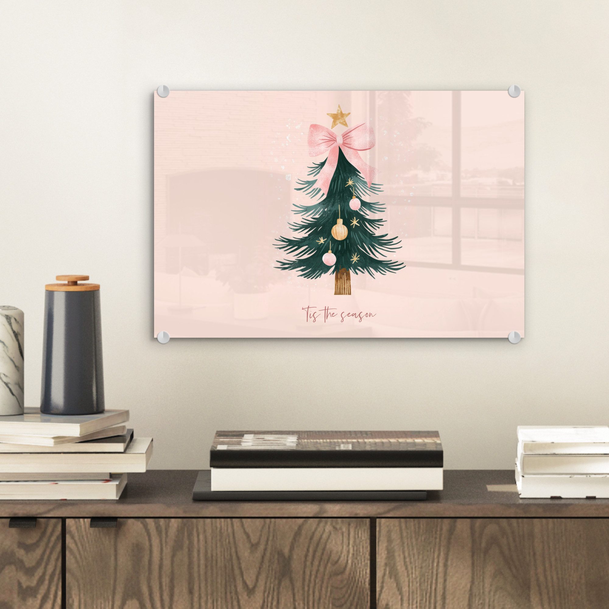 MuchoWow Acrylglasbild Weihnachtszeit - Weihnachtsbaum - Rosa, Inkl. Aufhängung, Glasbilder Wohnzimmer, Schlafzimmer, Flur & Esszimmer, 30x20 cm