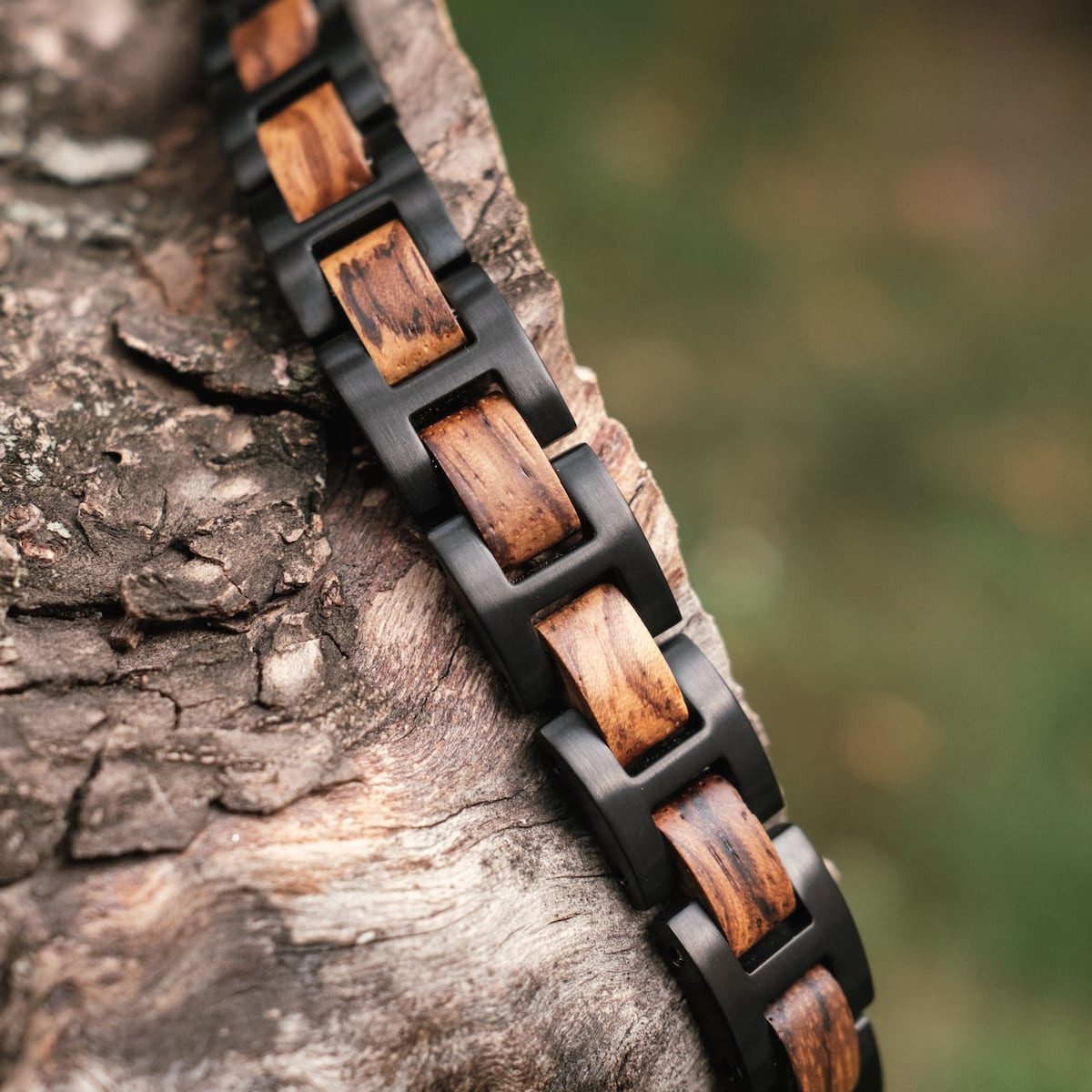 Holzkern Gliederarmband HerrenEdelstahl mit Holz Acoustic Zebrano/Schwarz