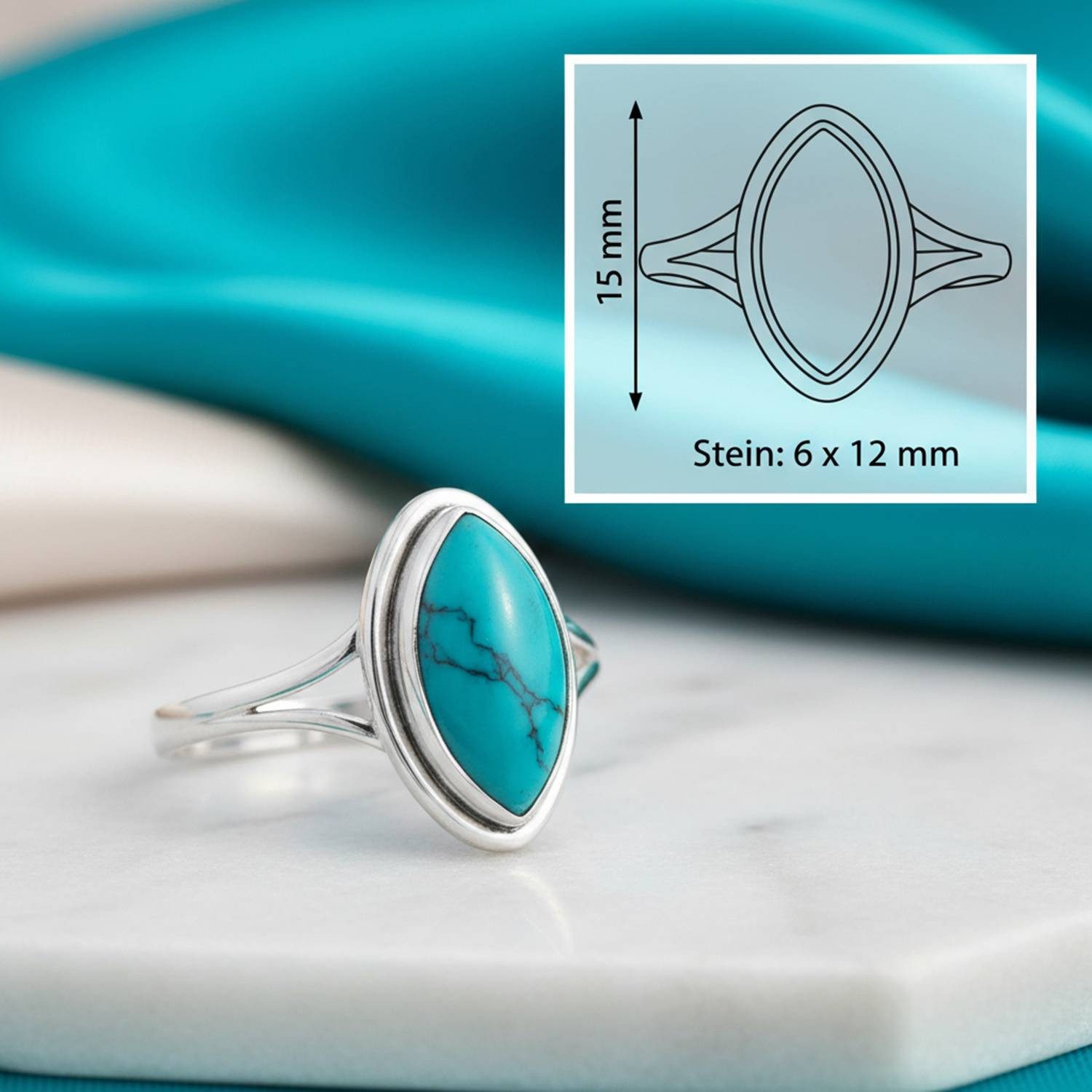 mantraroma Silberring SARALA Ellipse aus 925 Silber mit Türkis (Ring mit Schmuckbeutel), Damenring aus 925er Silber