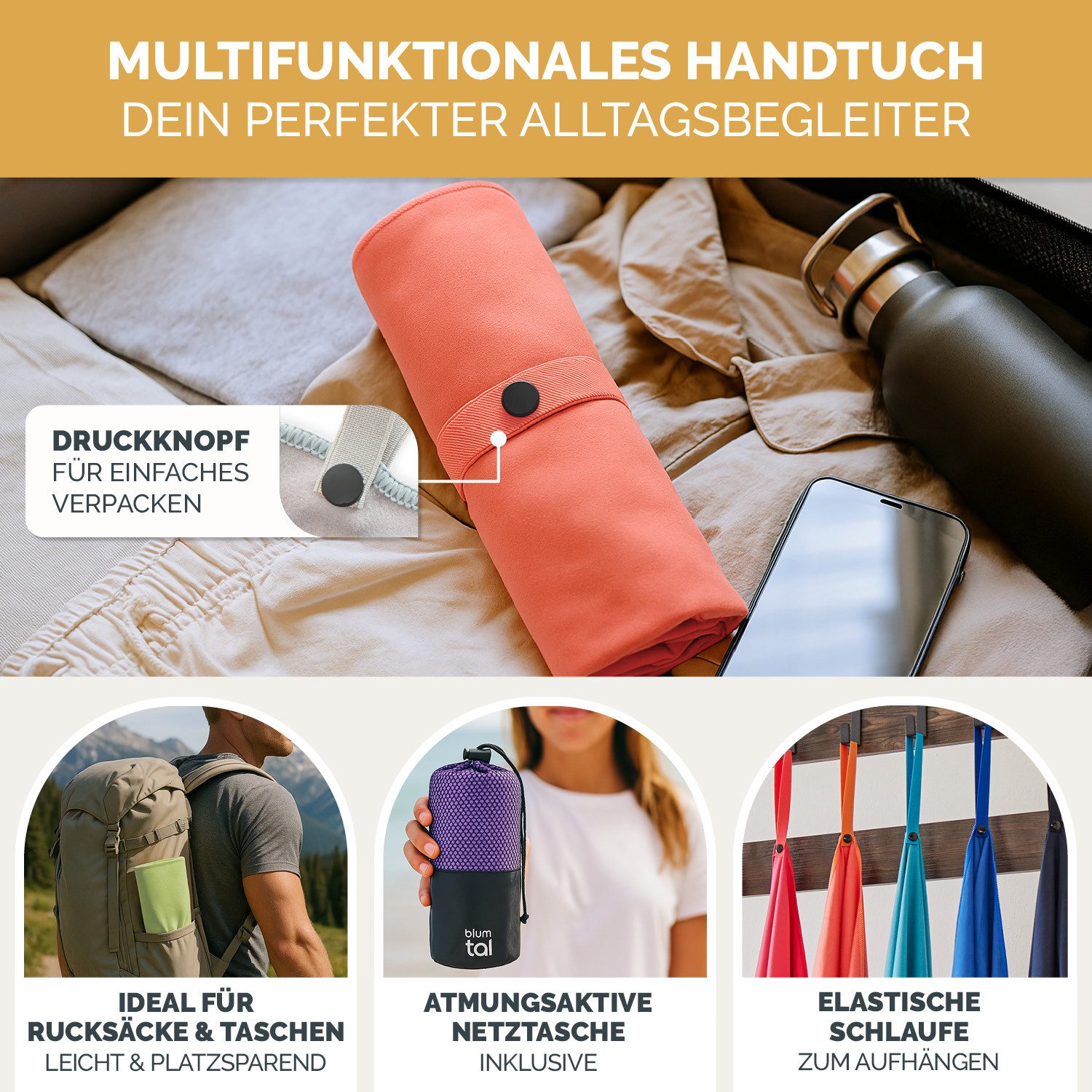 Blumtal Sporthandtuch Mikrofaser Handtuch - kompakte Mikrofaser Handtücher, Mikrofaser (inkl. Transporttasche, einzeln oder als Set verfügbar, 2-St), ultra leic – Bild 5 von 5