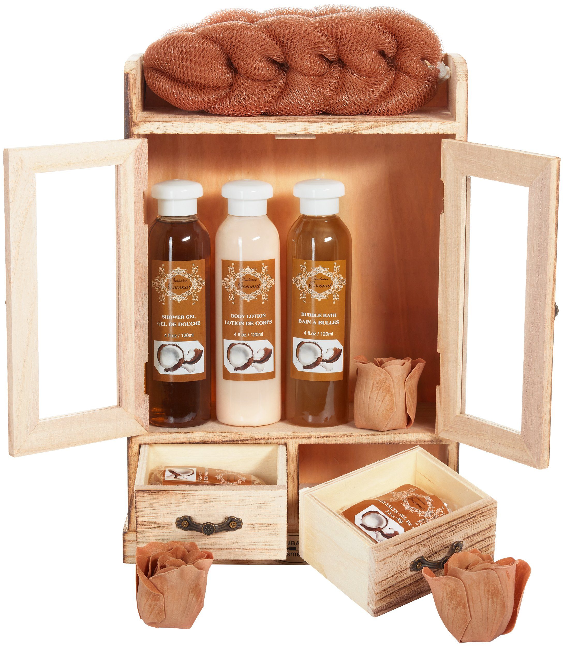 BRUBAKER Hautreinigungs-Set Bade- und Dusch Set, 10-tlg., Damen Wellness Geschenkset im Vintage-Schränkchen, Pflegeset Kokos Duft, reinigend und pflegend, Badeset