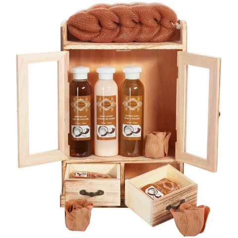 BRUBAKER Hautreinigungs-Set Bade- und Dusch Set, 10-tlg., Damen Wellness Geschenkset im Vintage-Schränkchen, Pflegeset Kokos Duft, reinigend und pflegend, Badeset