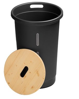 ONDIS24 Aufbewahrungsbox Pelletbehälter Aufbewahrungsbehälter mit Deckel aus Holz, Sichtfenster / 60,5 cm (H) / ⌀ 39,7 cm / Volumen 38l / rollend