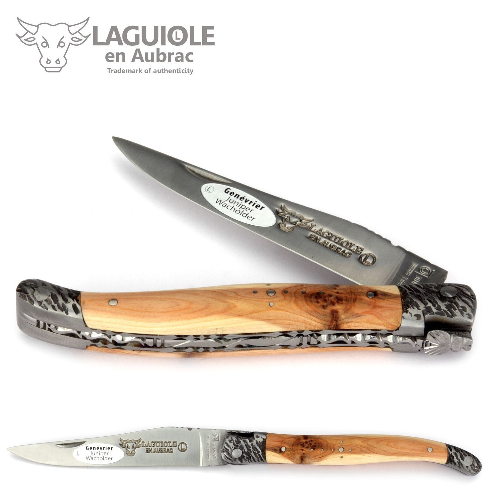 Laguiole en Aubrac Taschenmesser L0712GEMF, Griff 12cm Wacholder - Doppelplatine - Backen gehämmert - Stahl matt