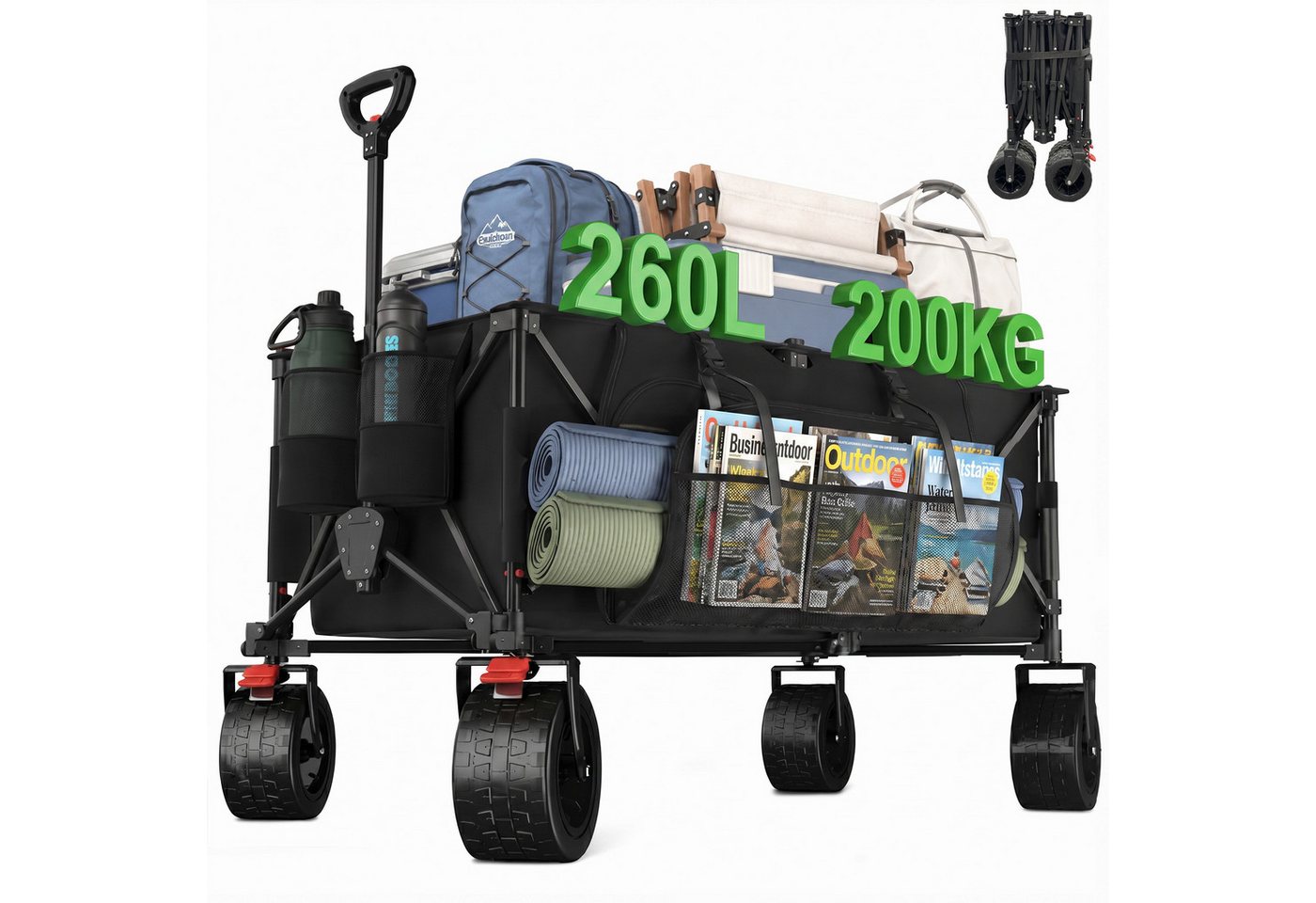 HOMALL Bollerwagen Faltbar Bollerwagen, XXL Handwagen Transportwagen 260L 200KG (Alle-Terrain Reifen, Ultrakompakt Faltbar & mit Bremsen)