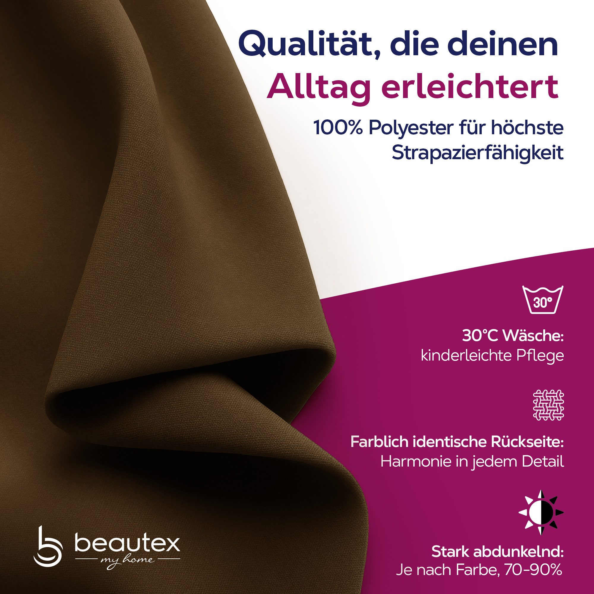 Beautex Verdunkelungsvorhang 2er Set mit U-Band, Blackout Vorhang Gardine abdunkelnd (2 St), Kräuselband, verdunkelnd, 2er Set, wärmeisolierend, blickdicht, was – Bild 2 von 5