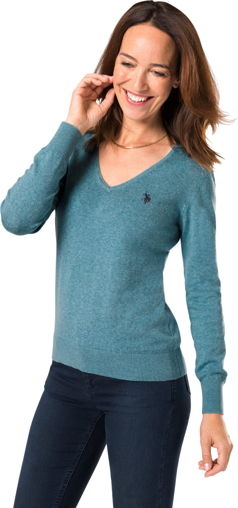 U.S. Polo Assn V-Ausschnitt-Pullover aus tailliert weichem türkis und Baumwollmix-Strick leicht