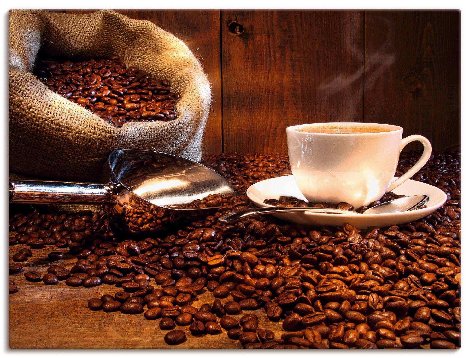 Artland Leinwandbild Kaffeetasse und Leinensack auf Tisch, Getränke (1 St), auf Holzrahmen gespannt