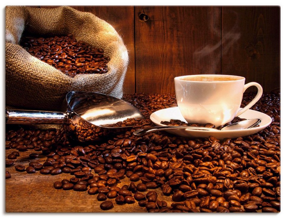 Artland Wandbild Kaffeetasse und Leinensack auf Tisch, Getränke (1 St), als  Leinwandbild, Wandaufkleber oder Poster in versch. Größen