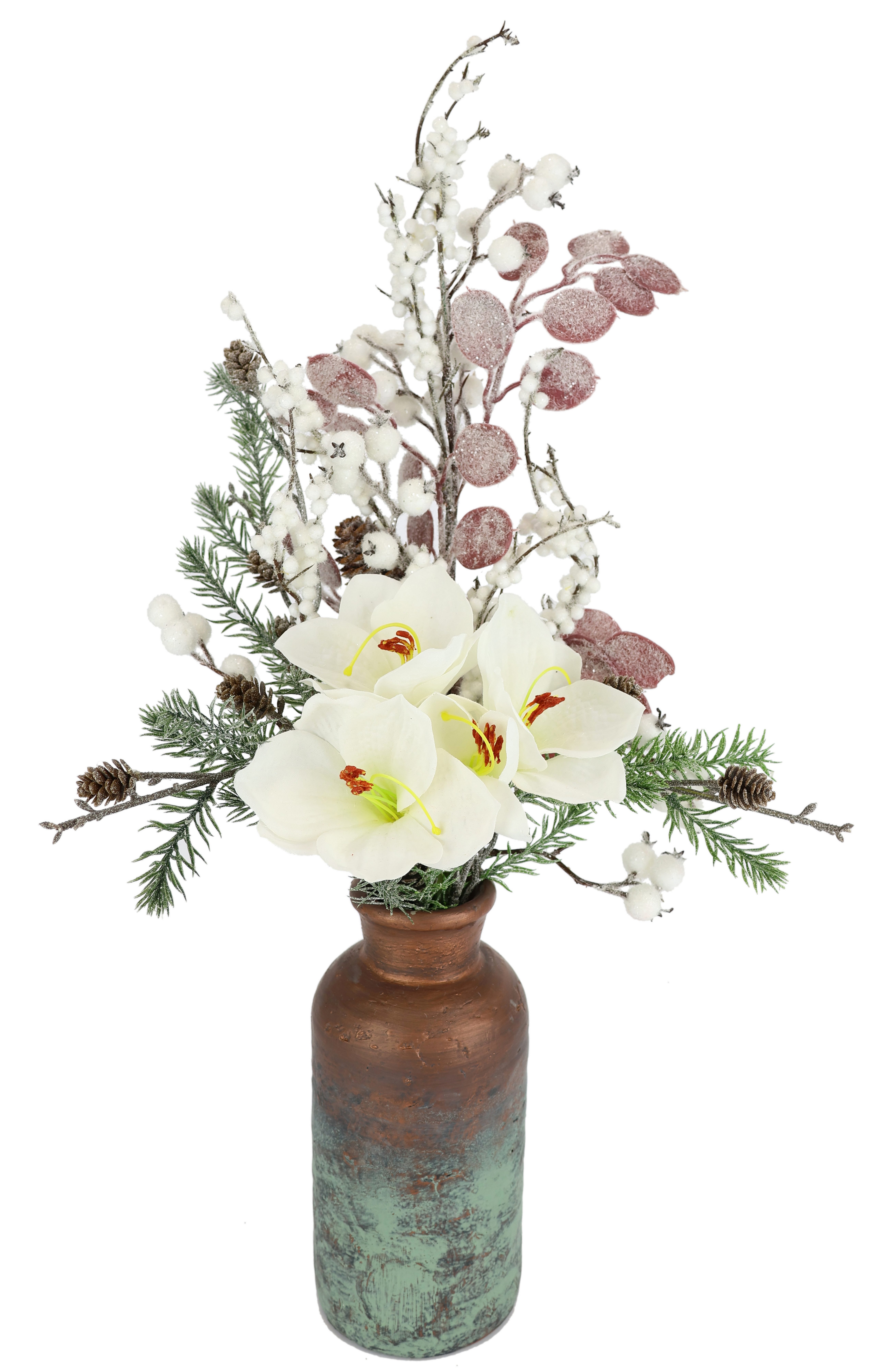Winterliche Kunstpflanze Gesteck mit Amaryllis in Vase aus Keramik, Kunstbl günstig online kaufen