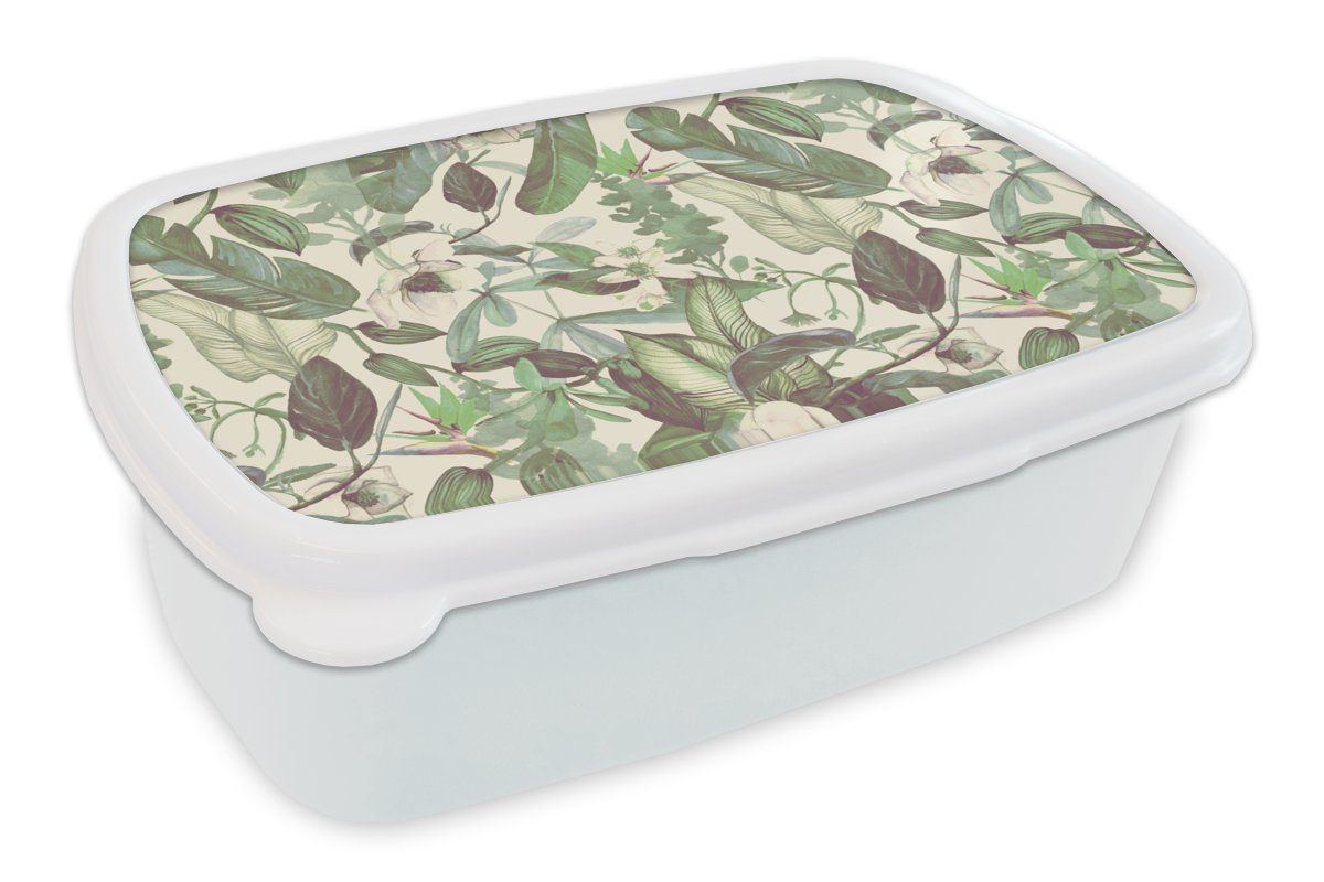 MuchoWow Lunchbox Flora - Dschungel - Muster, Kunststoff, (2-tlg), Brotbox für Kinder und Erwachsene, Brotdose, für Jungs und Mädchen weiß
