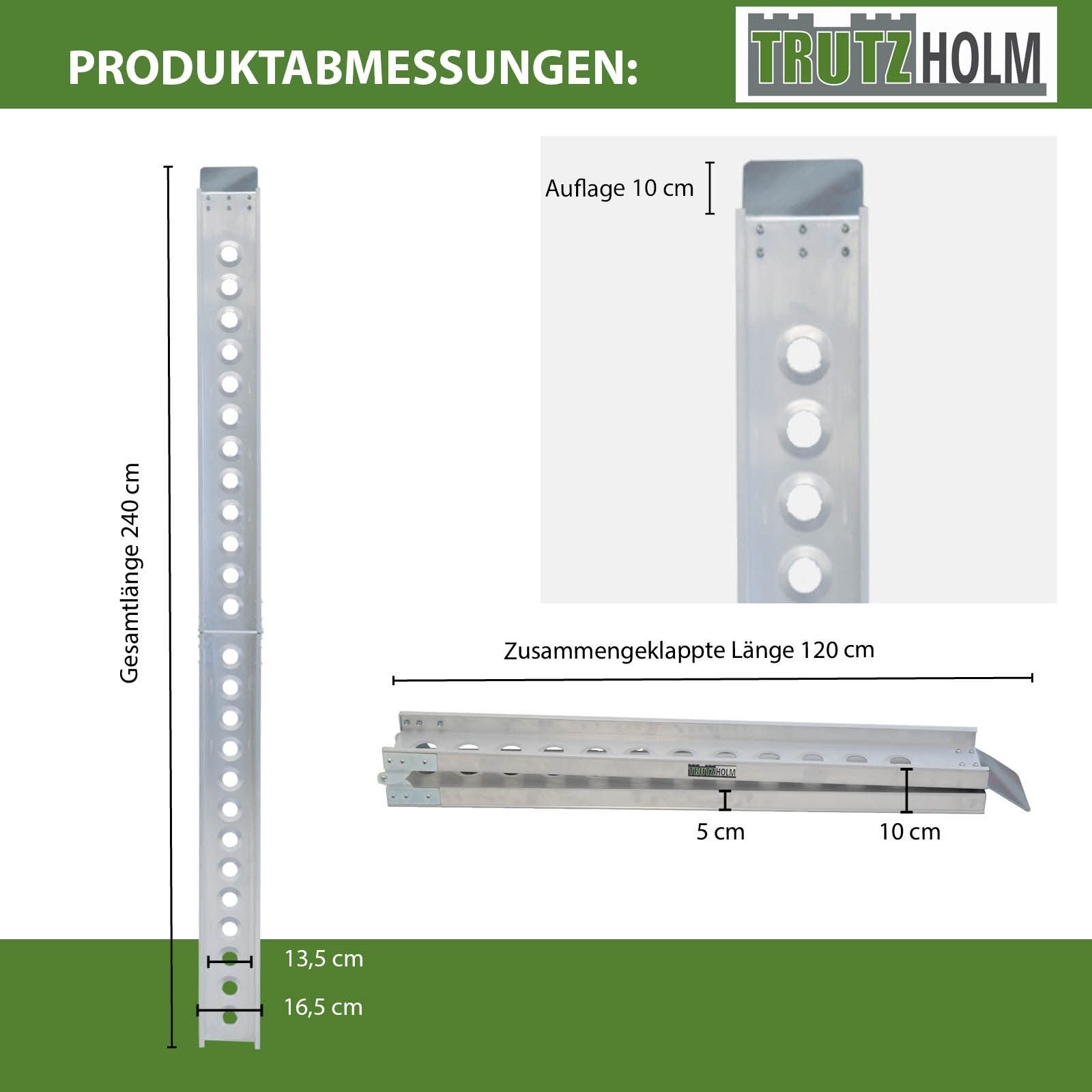 TRUTZHOLM Auffahrrampe Auffahrschiene klappbar 240 cm Tragkraft 50 kg Alu grau gelocht, Hohe Tragkraft,Anti-Rutsch